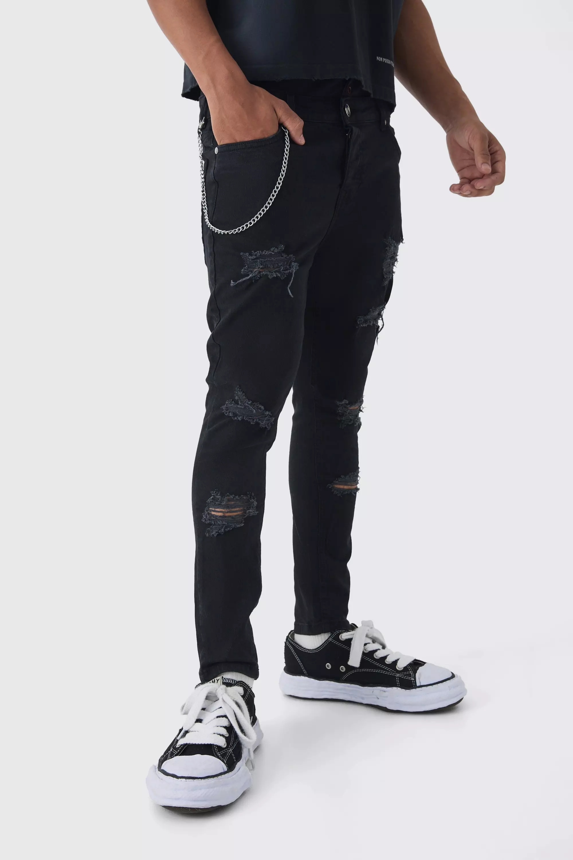 Skinny Fit Ripped Jeans With Chain Charcoal