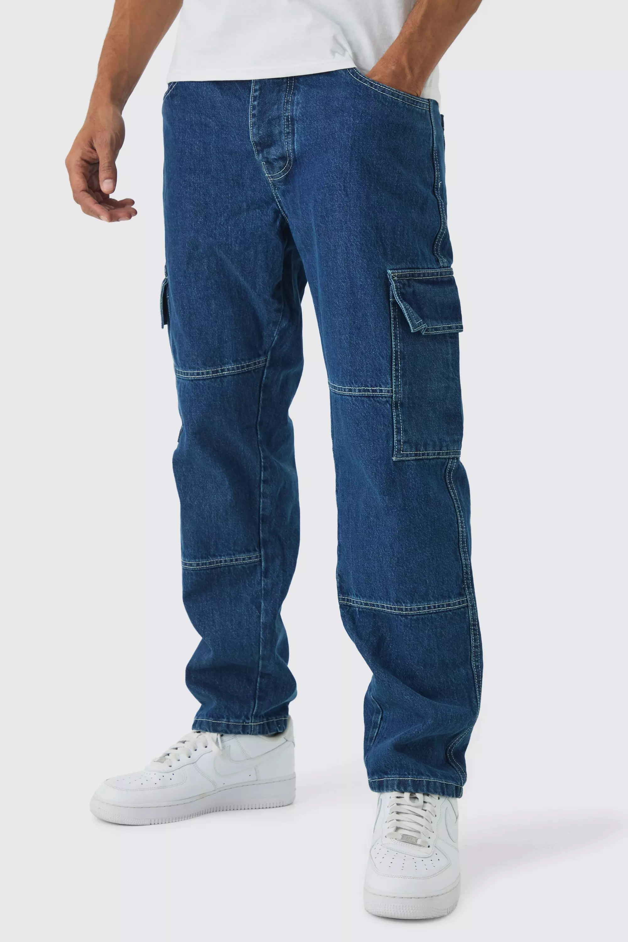 Blue Relaxed Fit Contrast Stitch Cargo Jeans