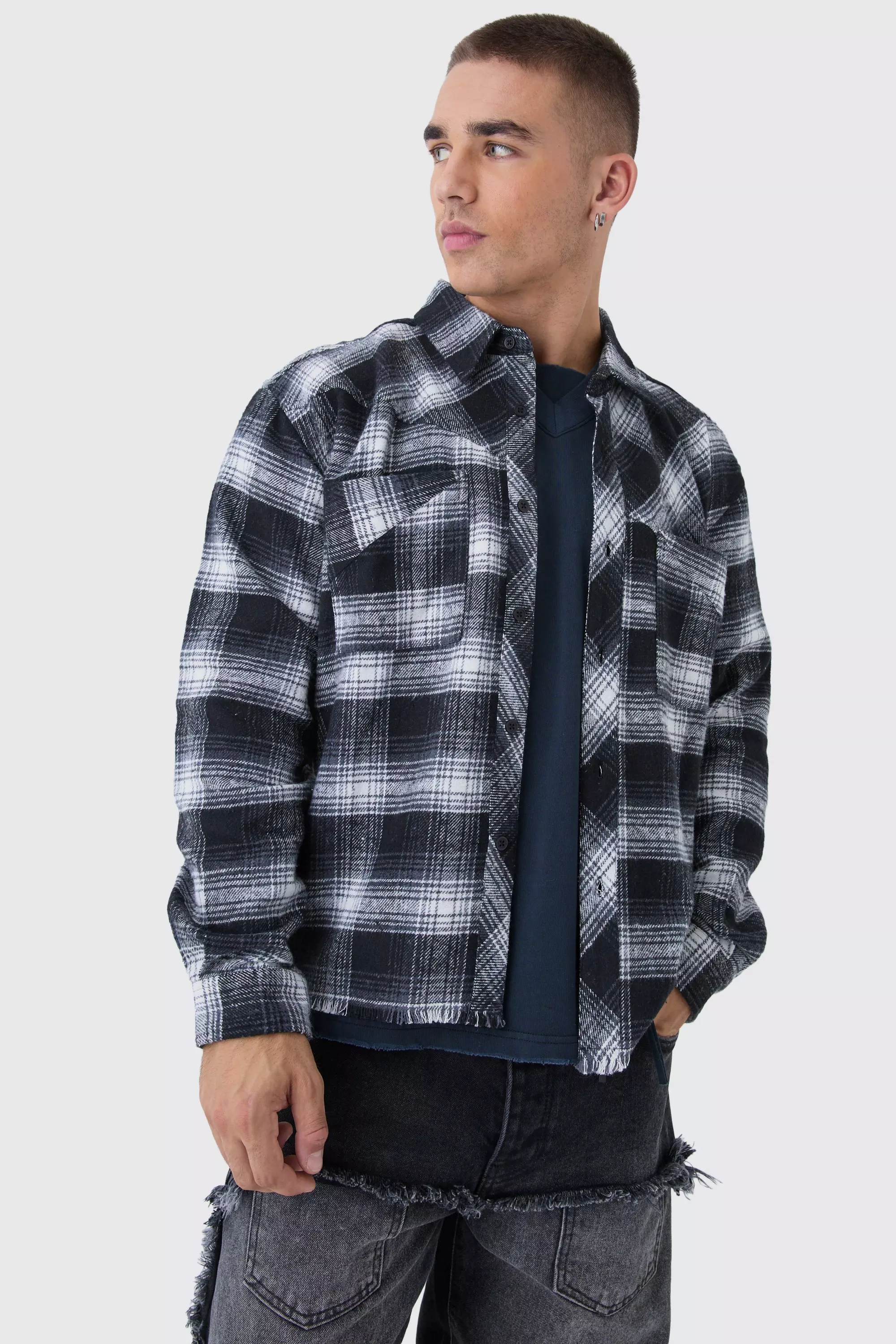 Black Oversized Boxy Distressed Hem Checked Shirt alternative image