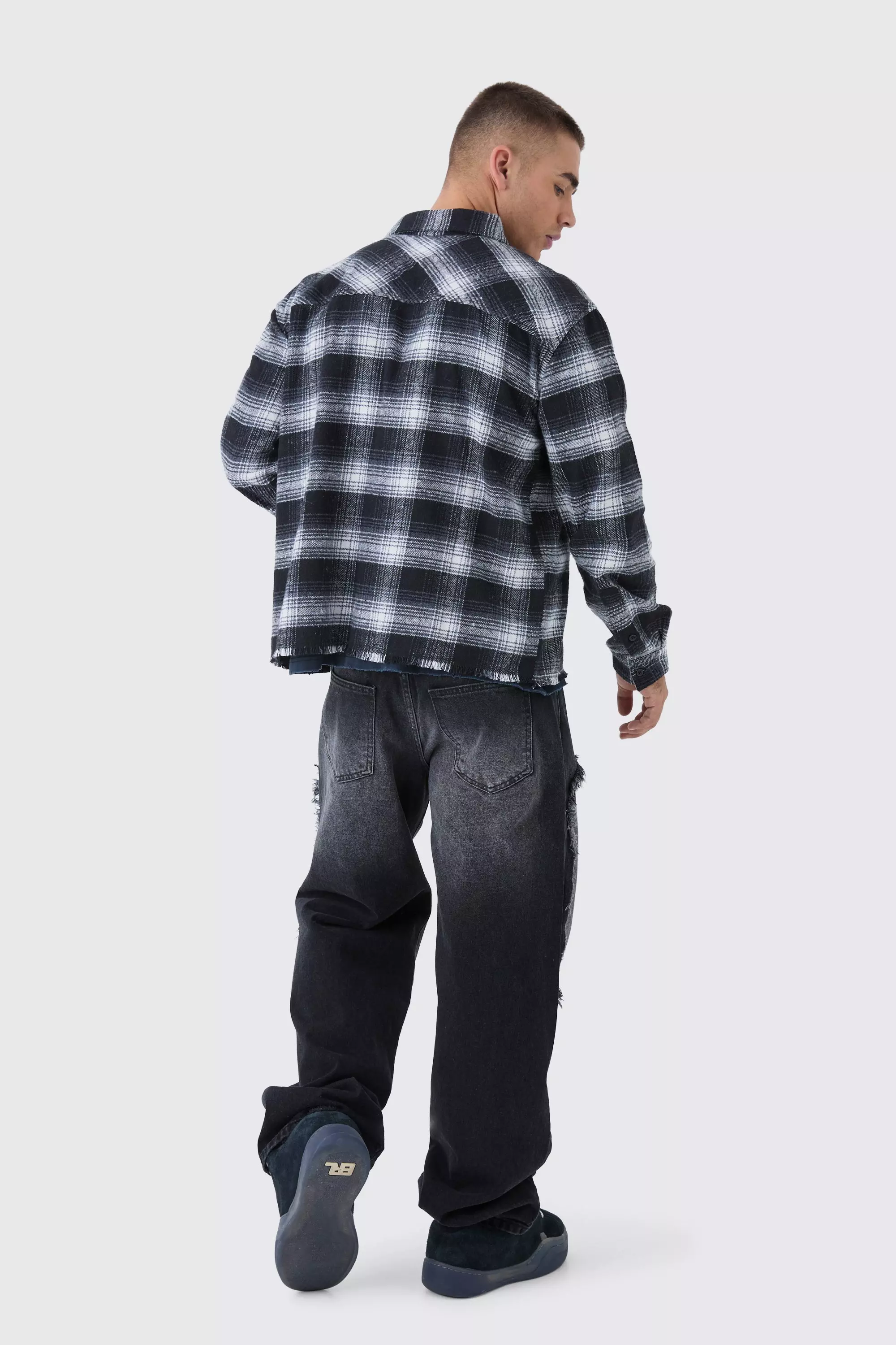 Black Oversized Boxy Distressed Hem Checked Shirt alternative image