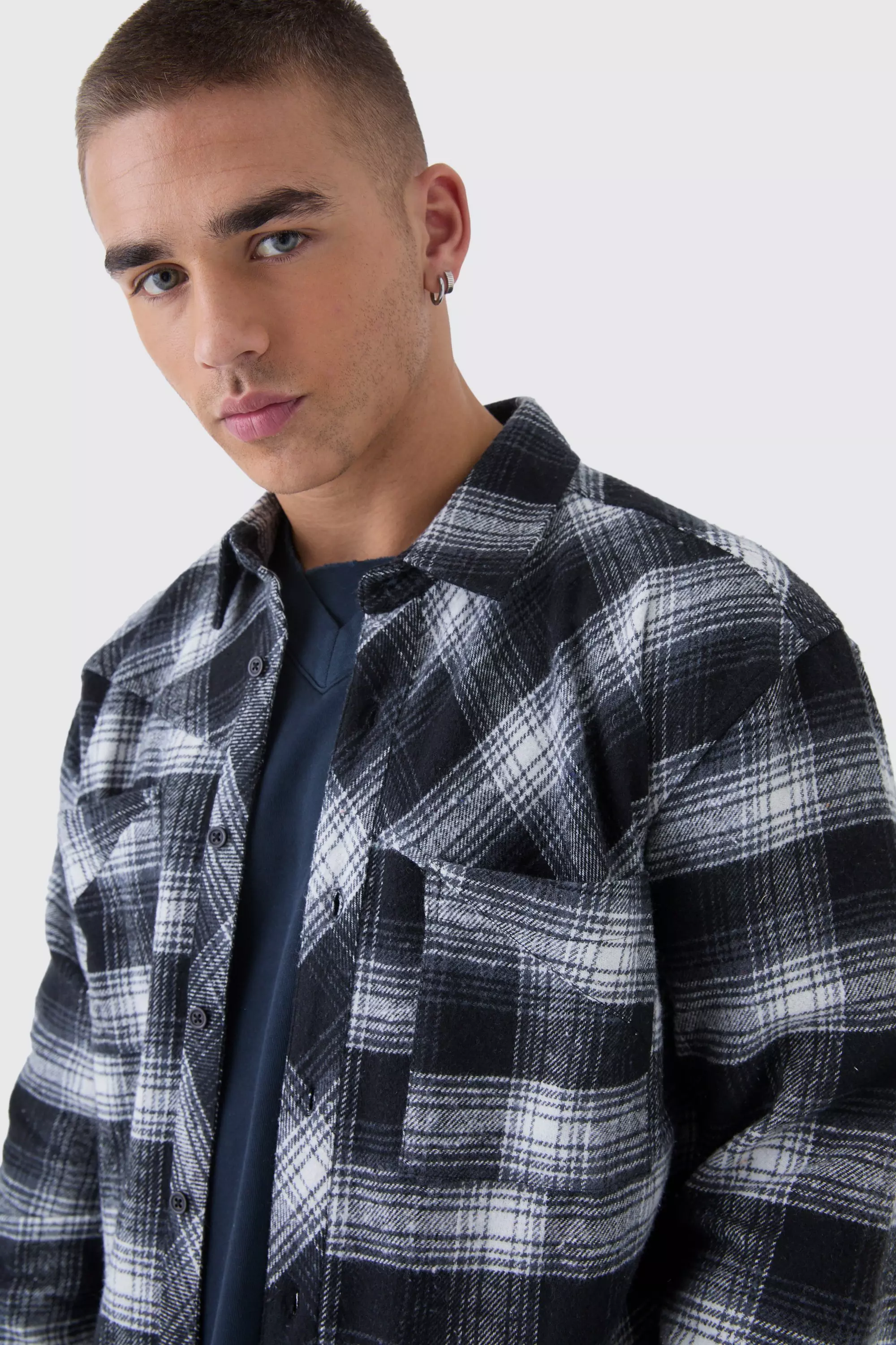 Black Oversized Boxy Distressed Hem Checked Shirt alternative image