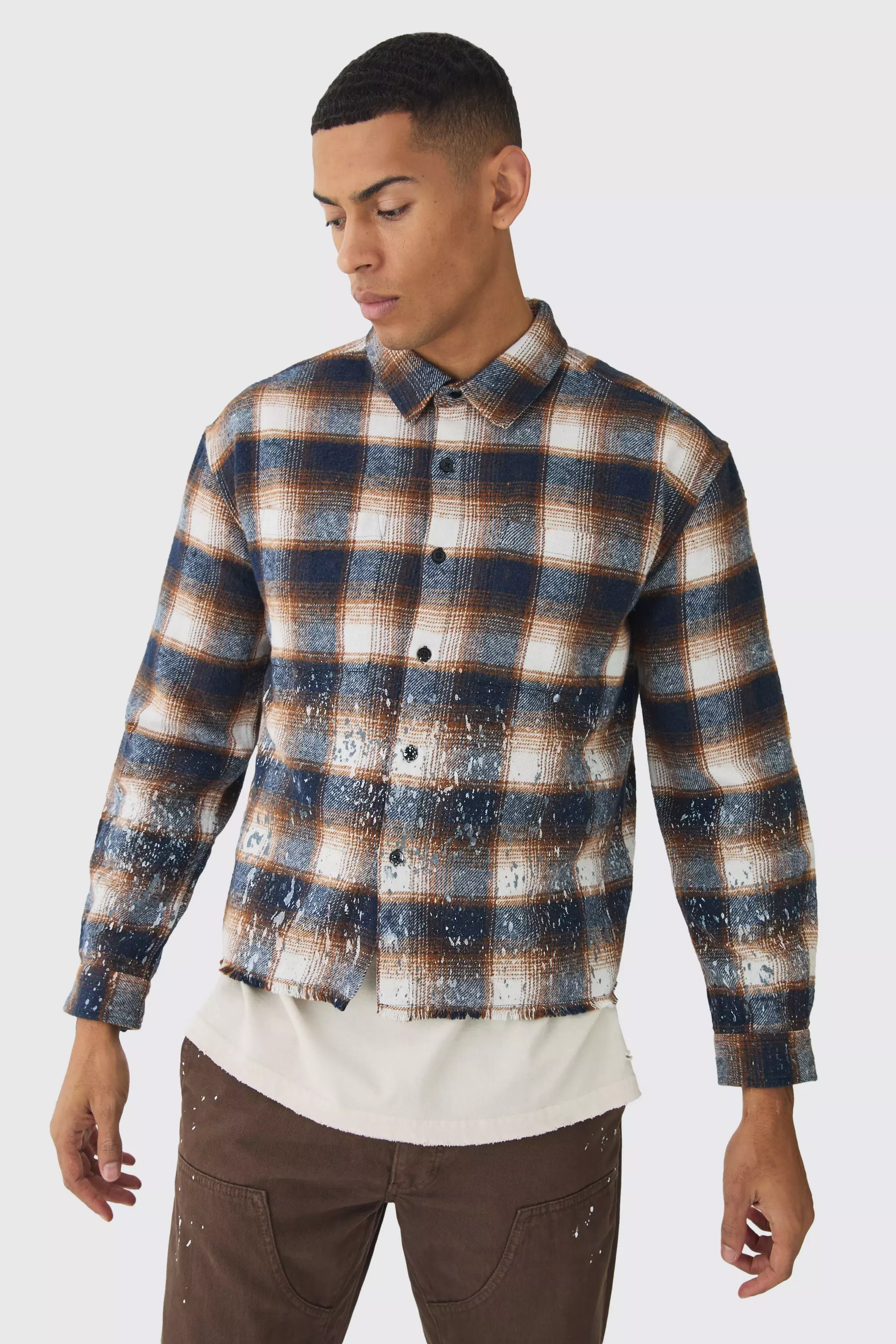Orange Oversized Boxy Distressed Paint Checked Shirt alternative image