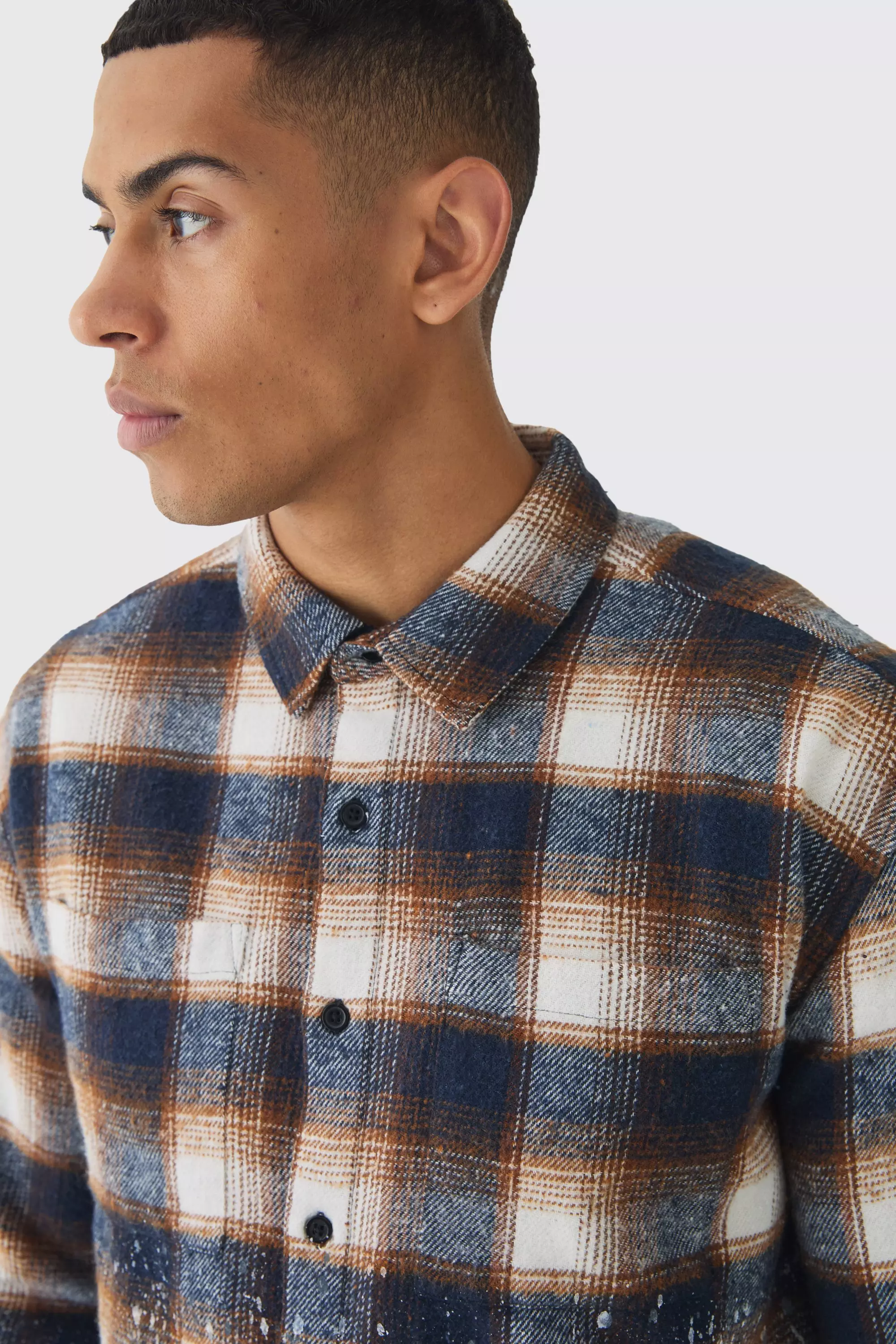 Orange Oversized Boxy Distressed Paint Checked Shirt alternative image