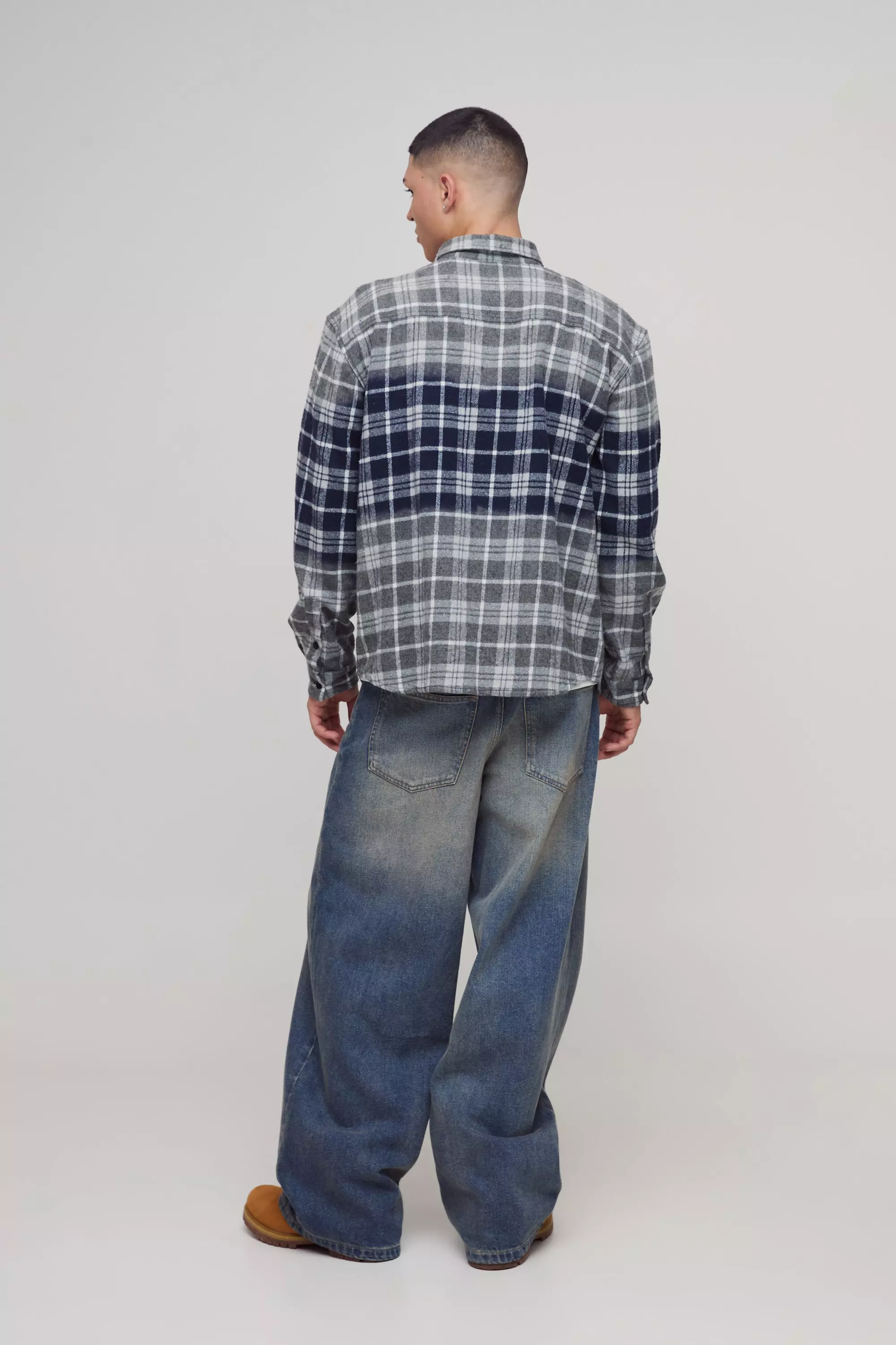 Oversized Rhinestone Washed PlaidShirt | boohooMAN USA
