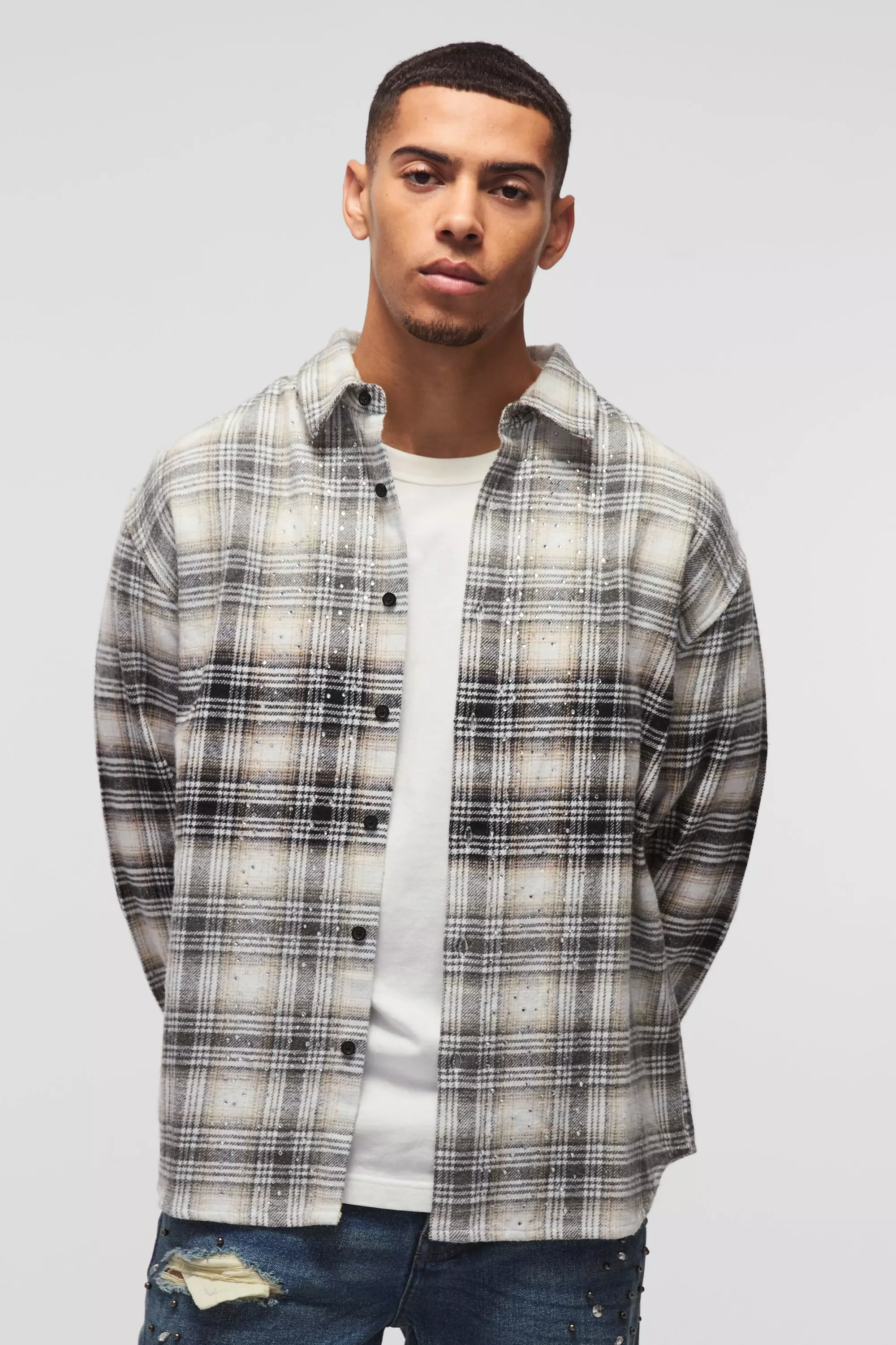 Oversized Rhinestone Washed Plaid Shirt Stone