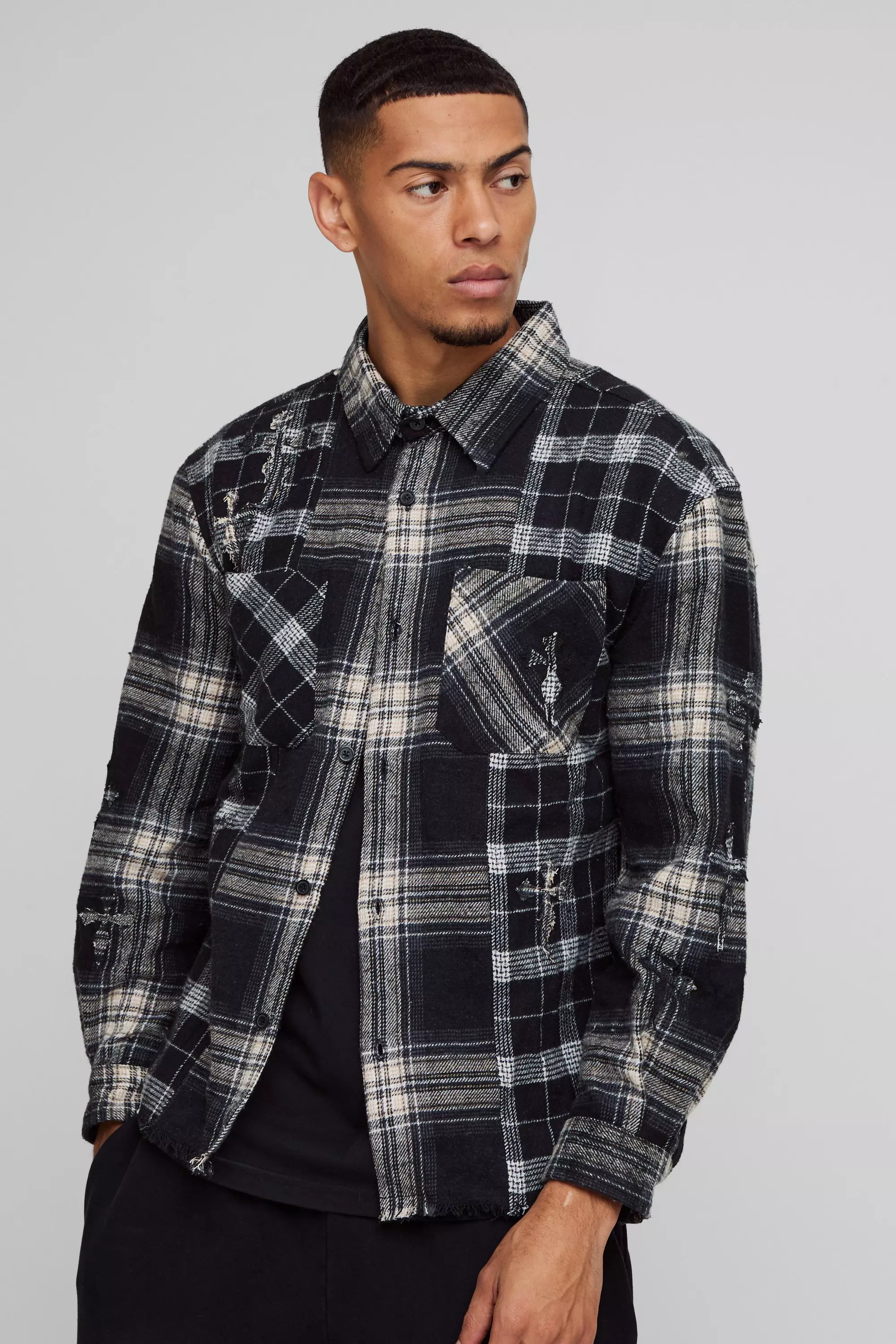 Black Oversized Geruit Versleten Gesplitst Overhemd alternatieve afbeelding