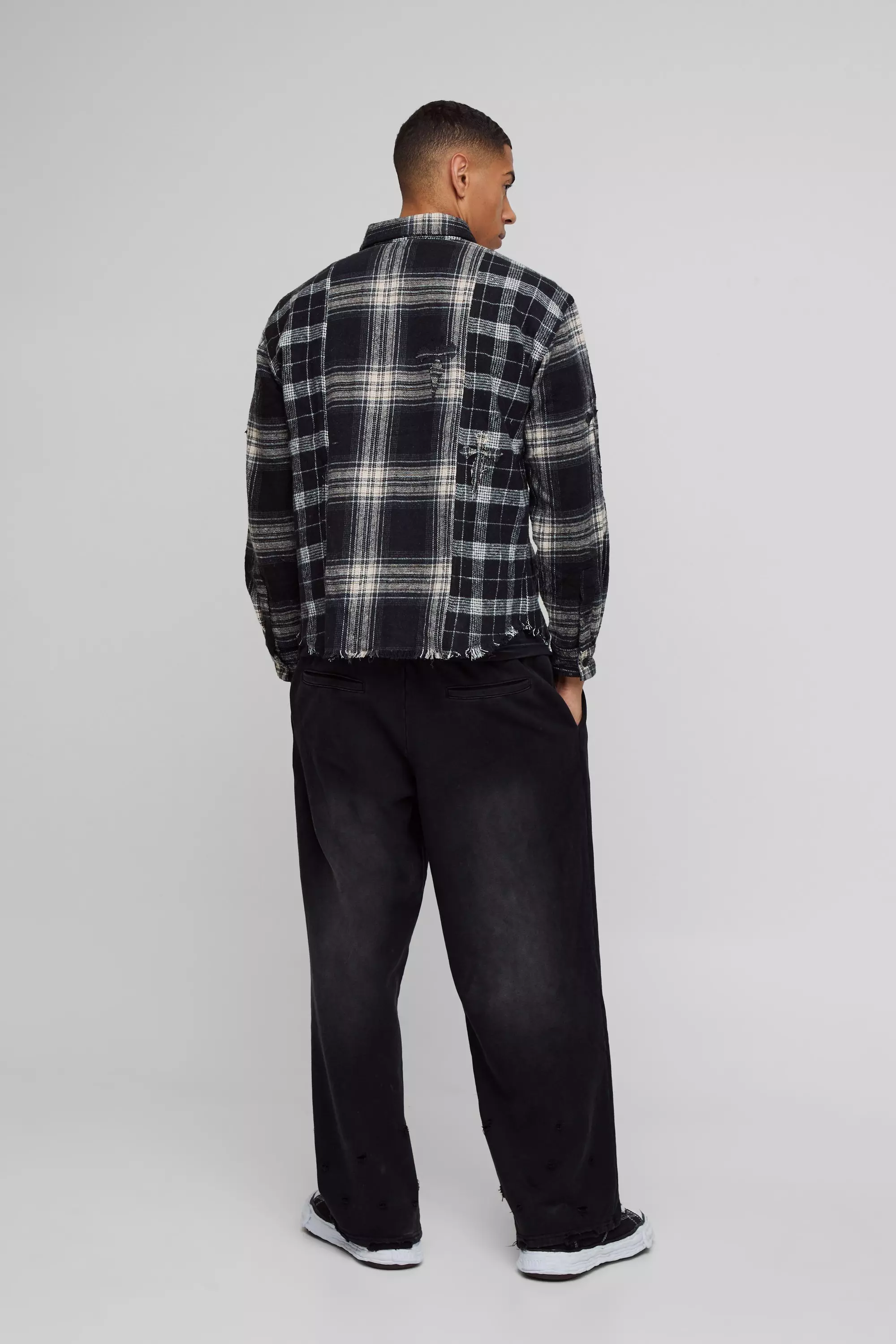 Black Oversized Geruit Versleten Gesplitst Overhemd alternatieve afbeelding