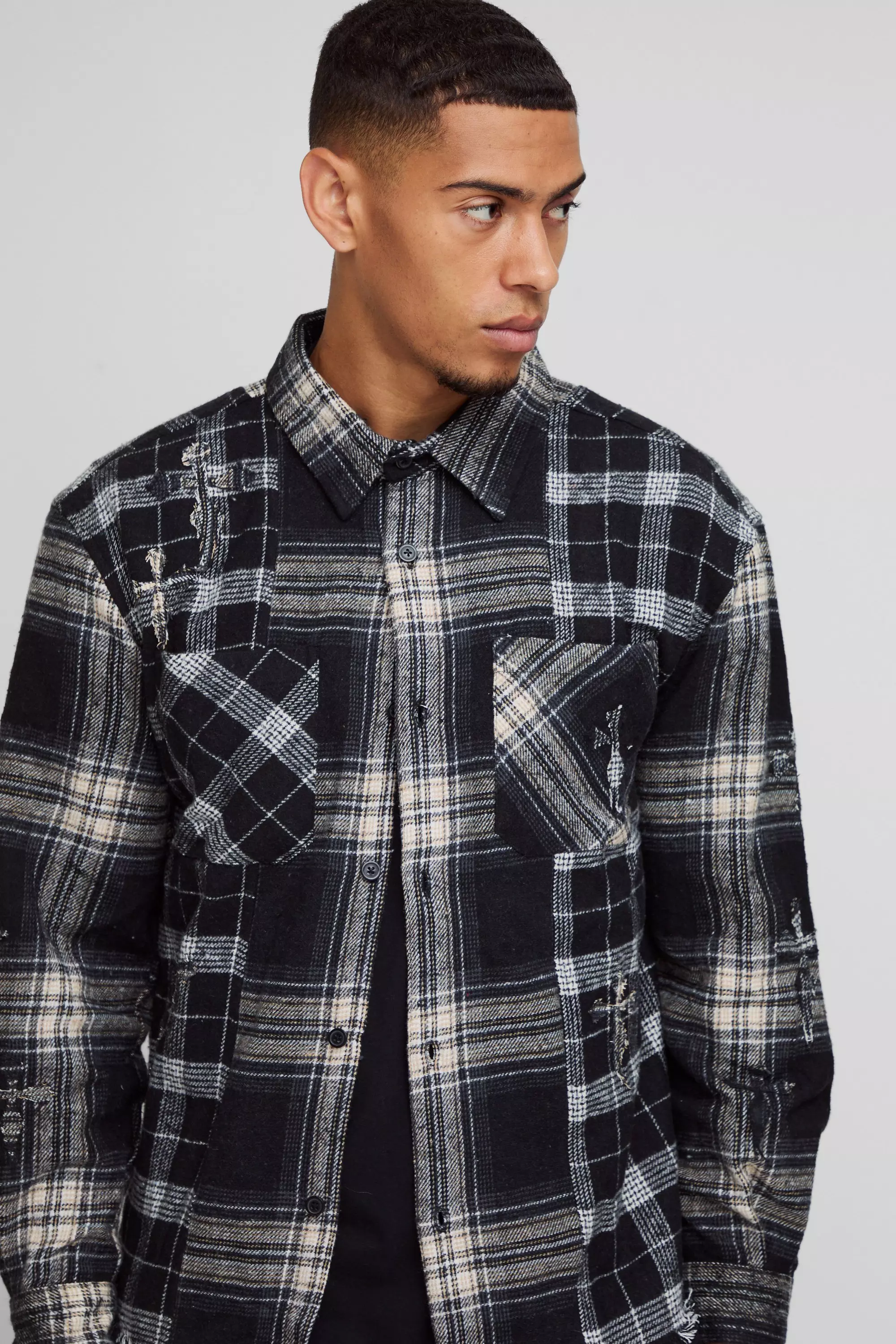 Black Oversized Geruit Versleten Gesplitst Overhemd alternatieve afbeelding