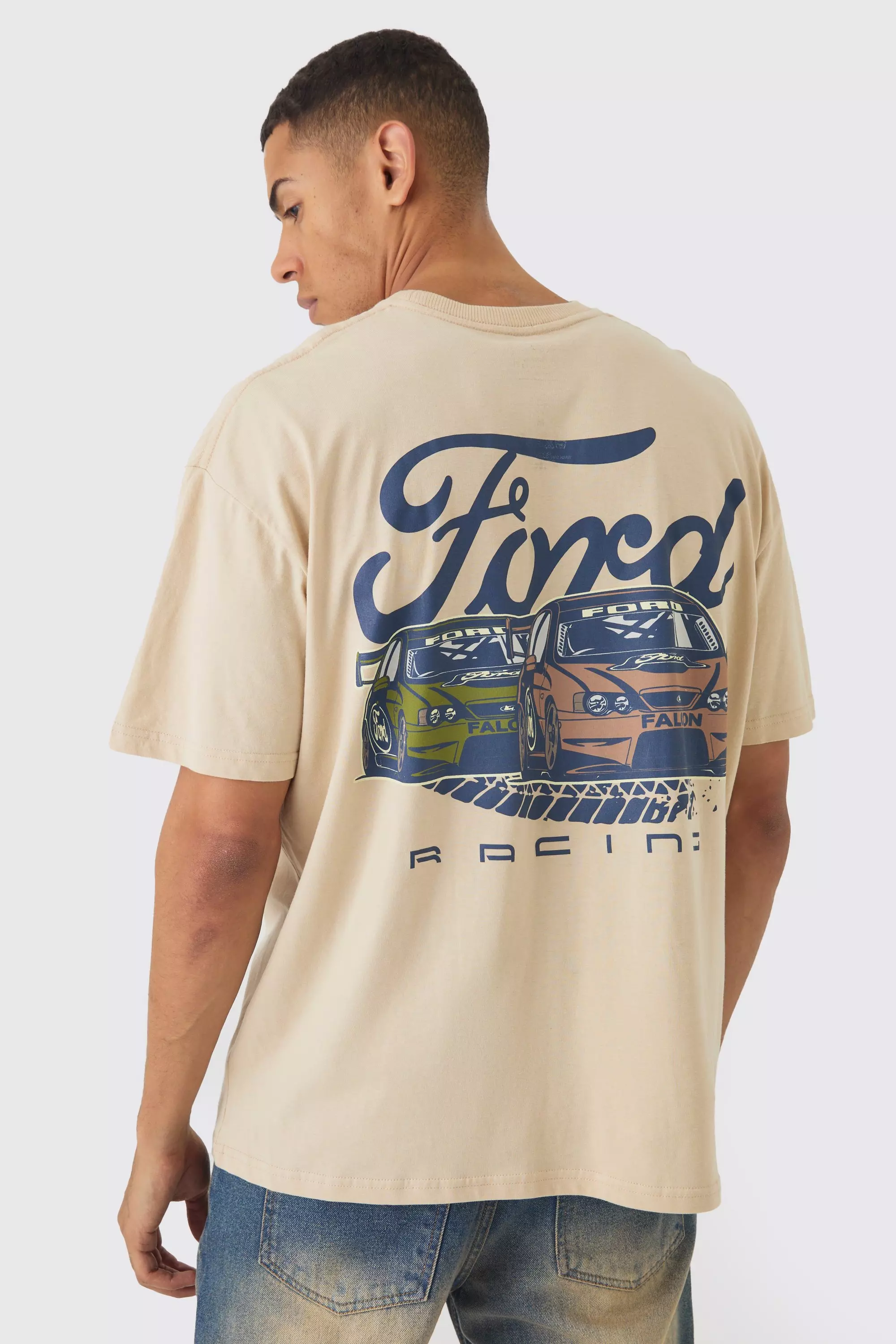 Stone Beige Oversized Ford Racing License Print T-Shirt