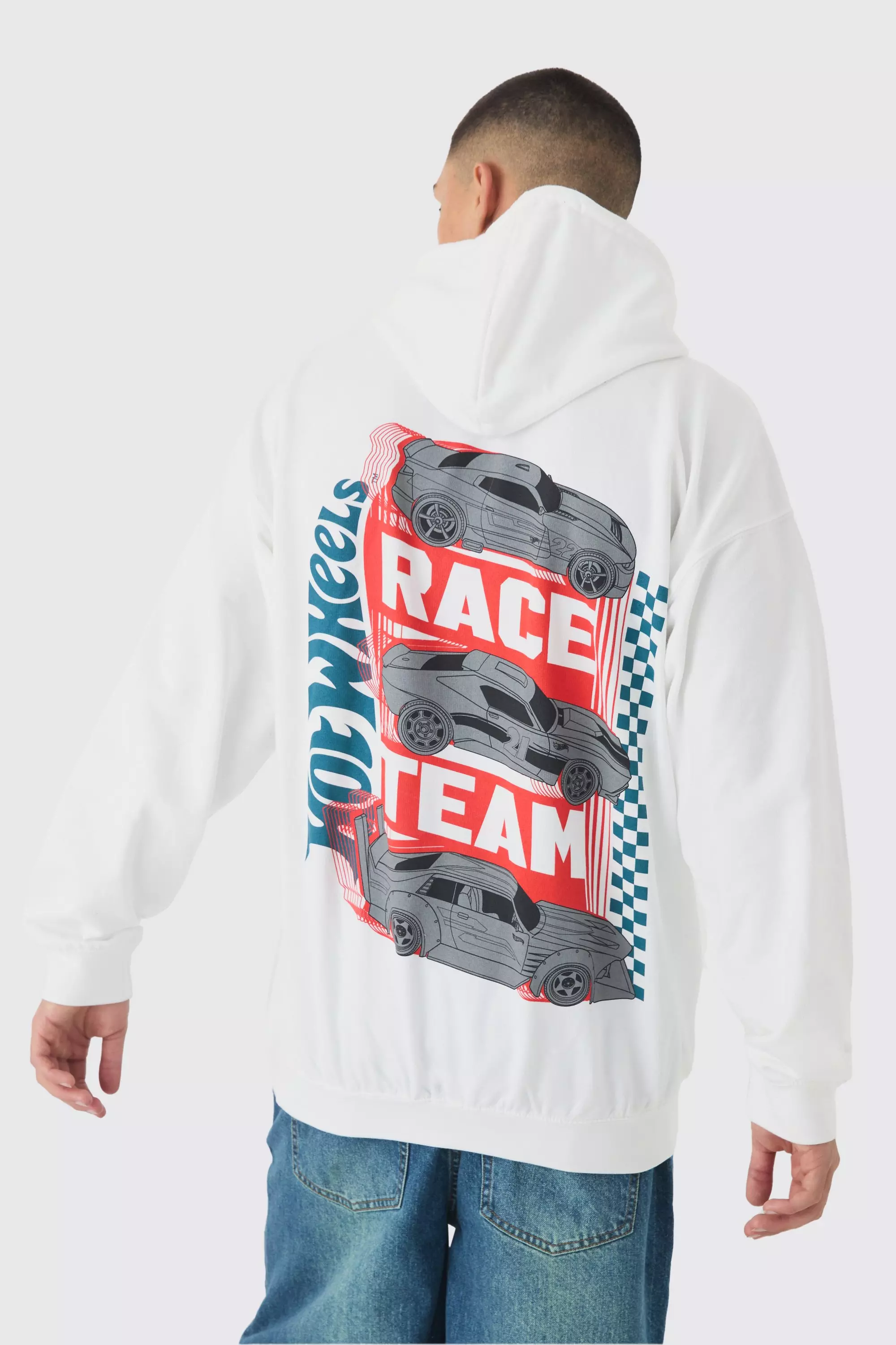 White Oversized Hot Wheels Racing License Print Hoodie alternative image