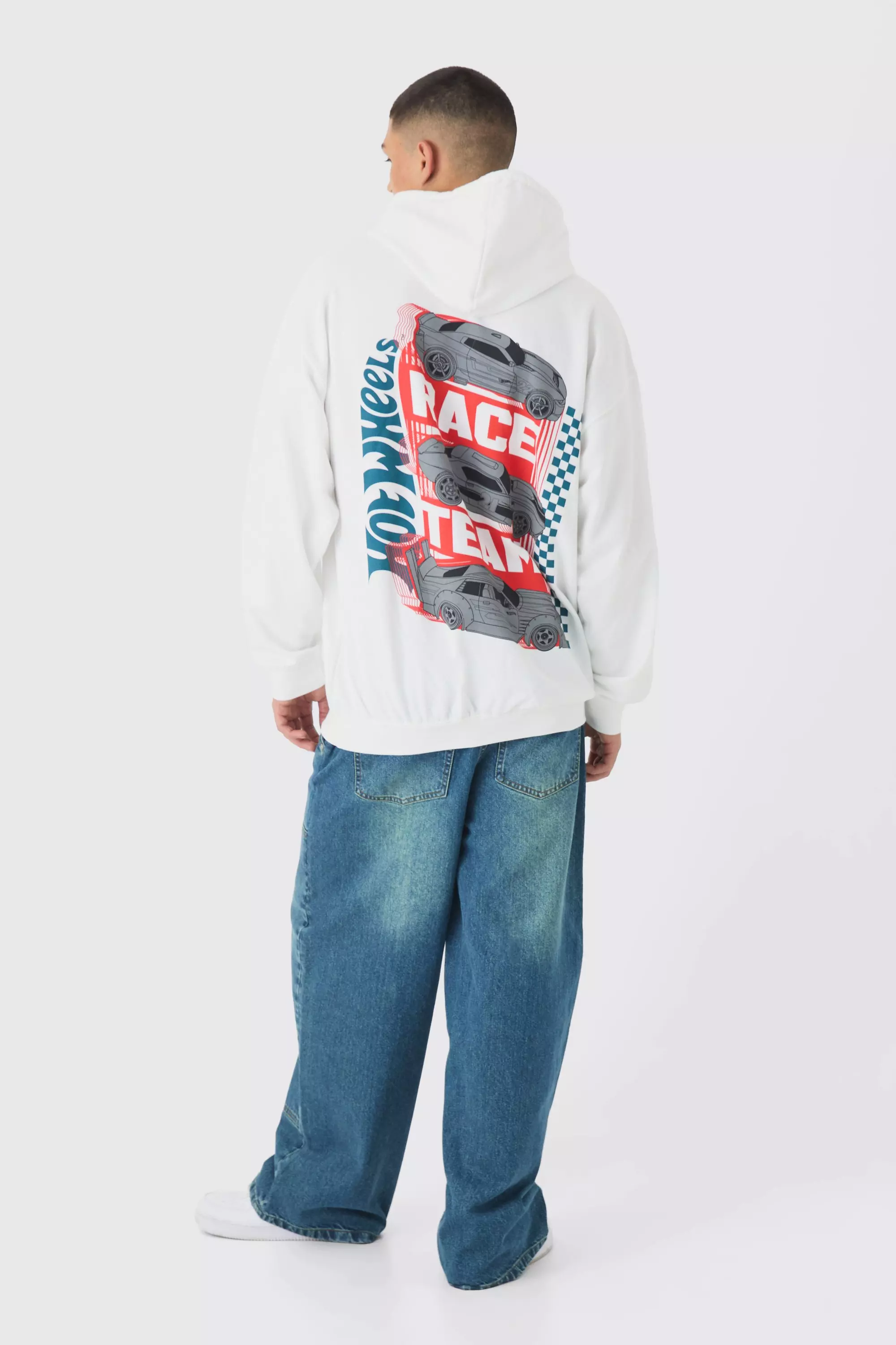 White Oversized Hot Wheels Racing License Print Hoodie alternative image
