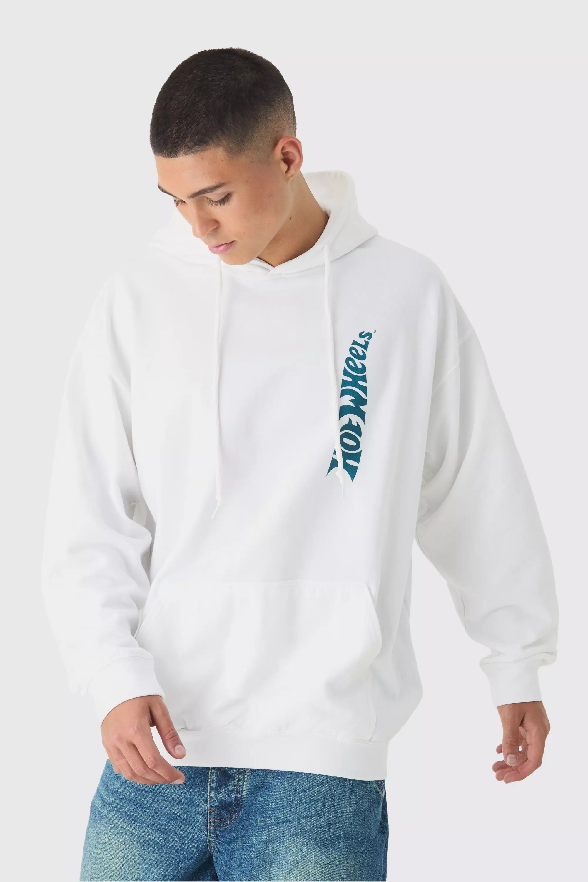 White Oversized Hot Wheels Racing License Print Hoodie alternative image