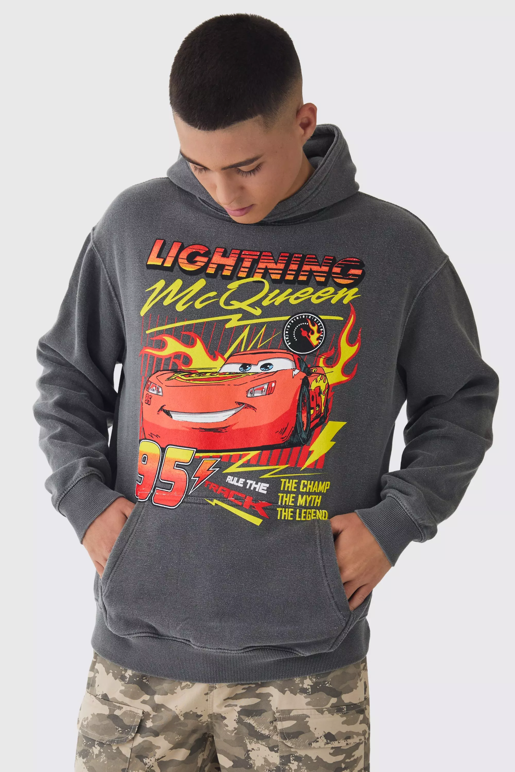 Oversized Pixar Cars Wash License Print Hoodie Charcoal