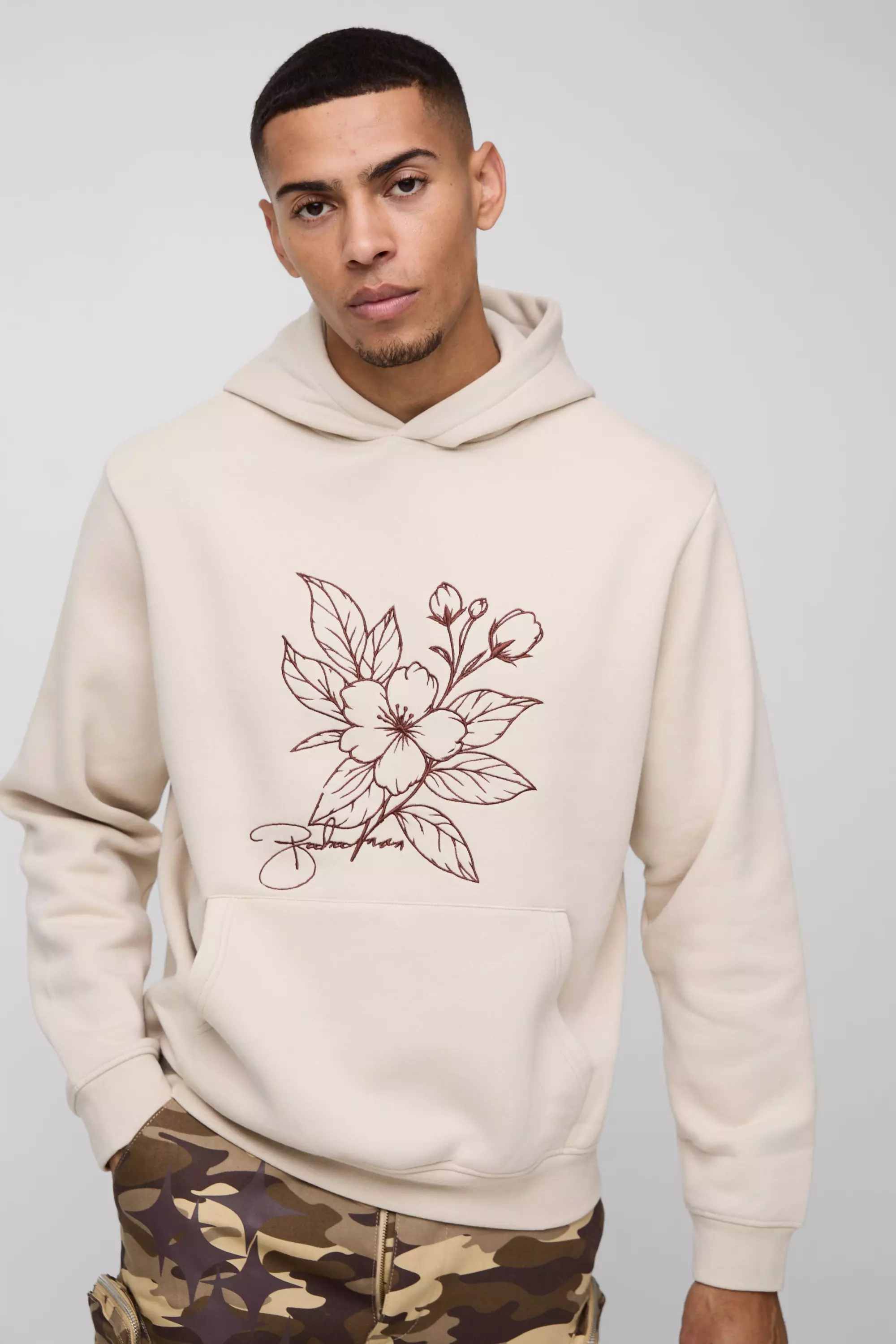 Sweat à capuche droit à broderie fleurie, Stone autre image
