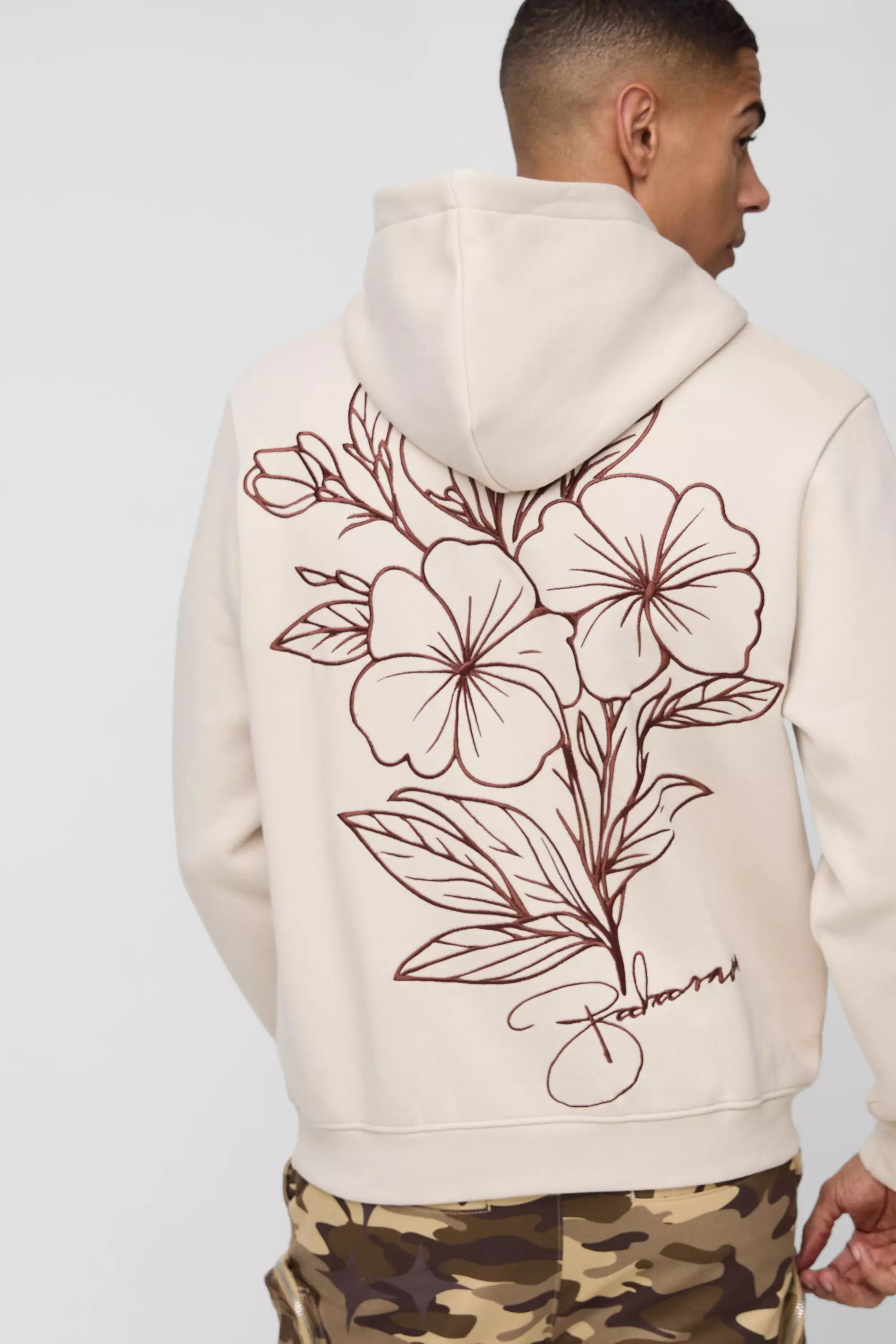 Sweat à capuche droit à broderie fleurie, Stone autre image