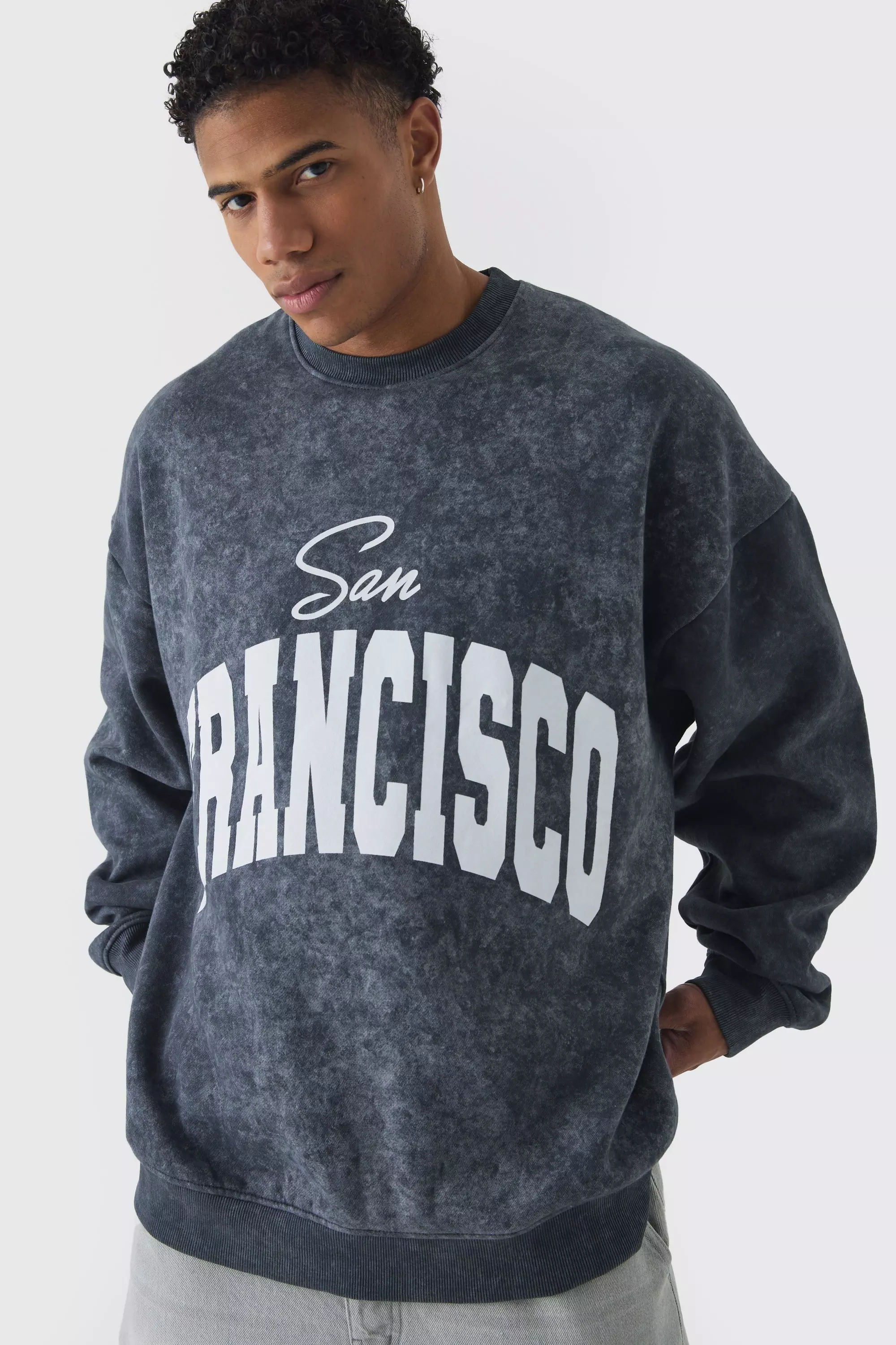 Extreme Oversized Washed San Francisco Graphic Sweatshirt boohooMAN IE