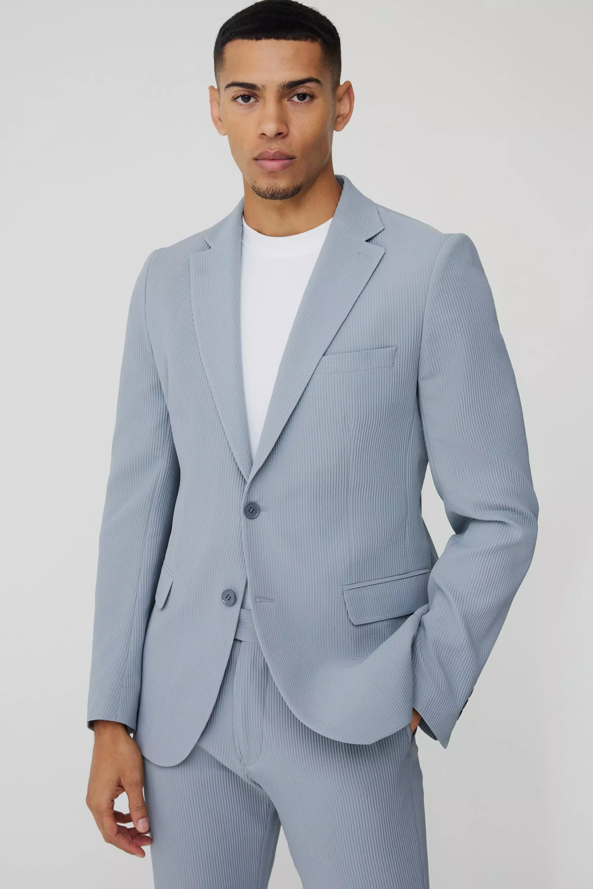 Slim Fit Pleated Blazer Grey