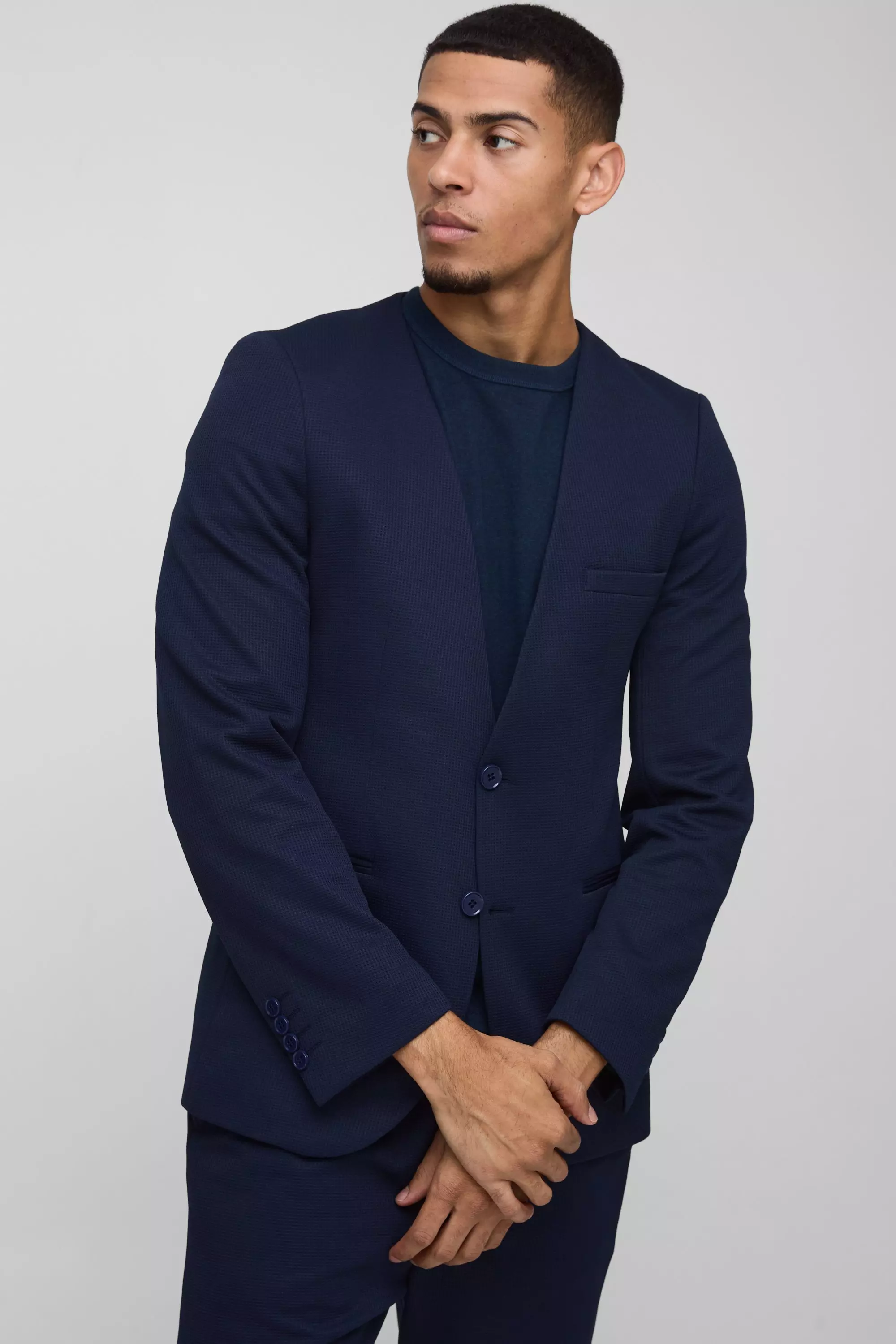 Navy Slim Collarless Waffle Texture Blazer