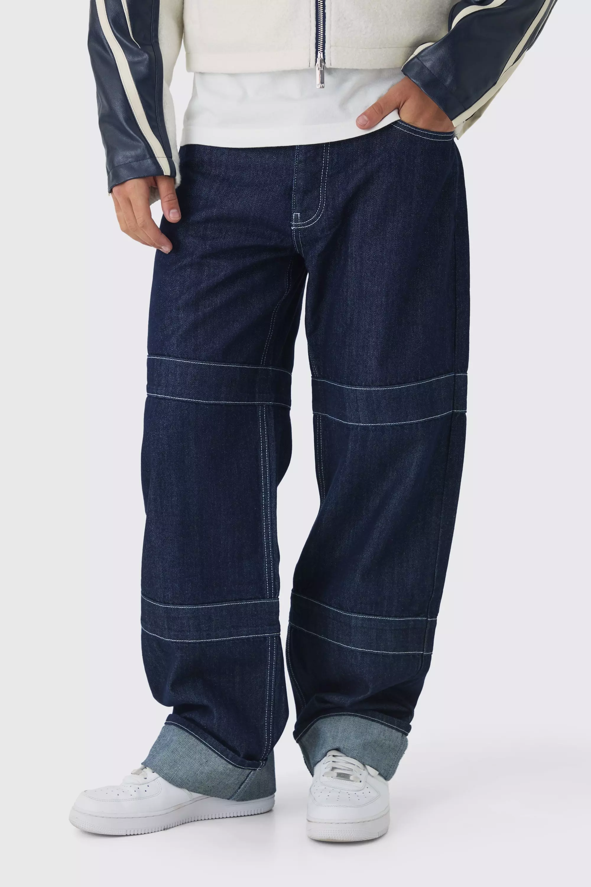 Relaxed Rigid Indigo Contrast Embroidered Strap Cuffed Jeans Indigo