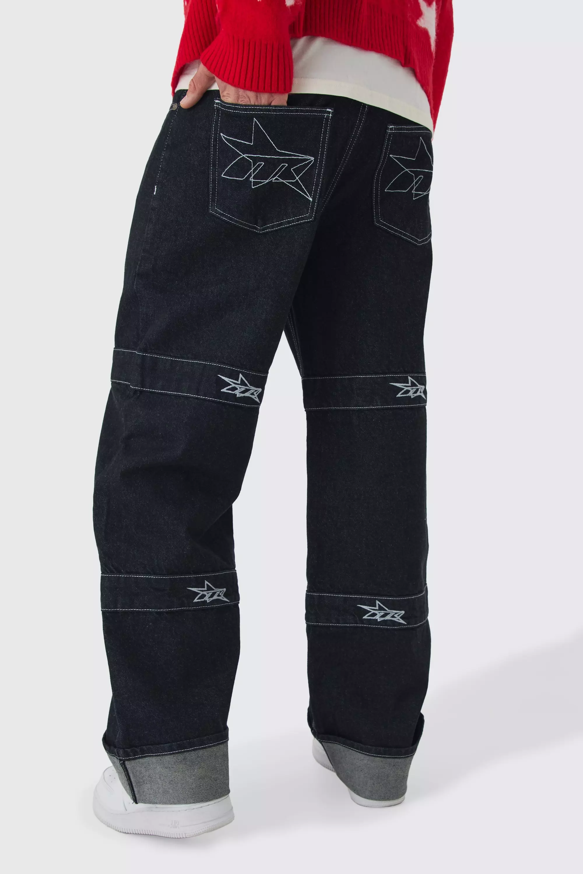 Relaxed Rigid Indigo Contrast Embroidered Strap Jeans Black