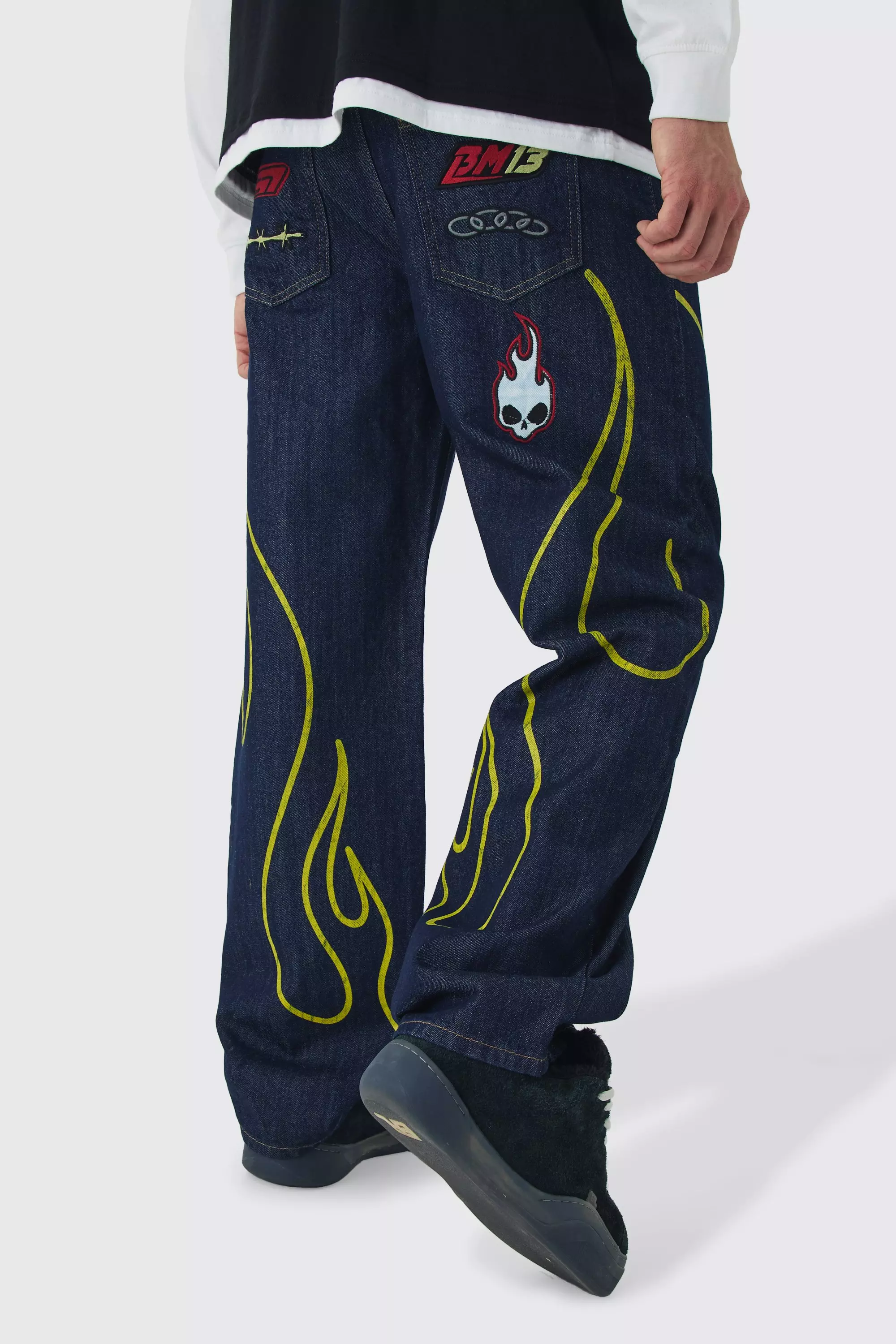 Relaxed Rigid Moto Applique Flame Indigo Jeans Indigo