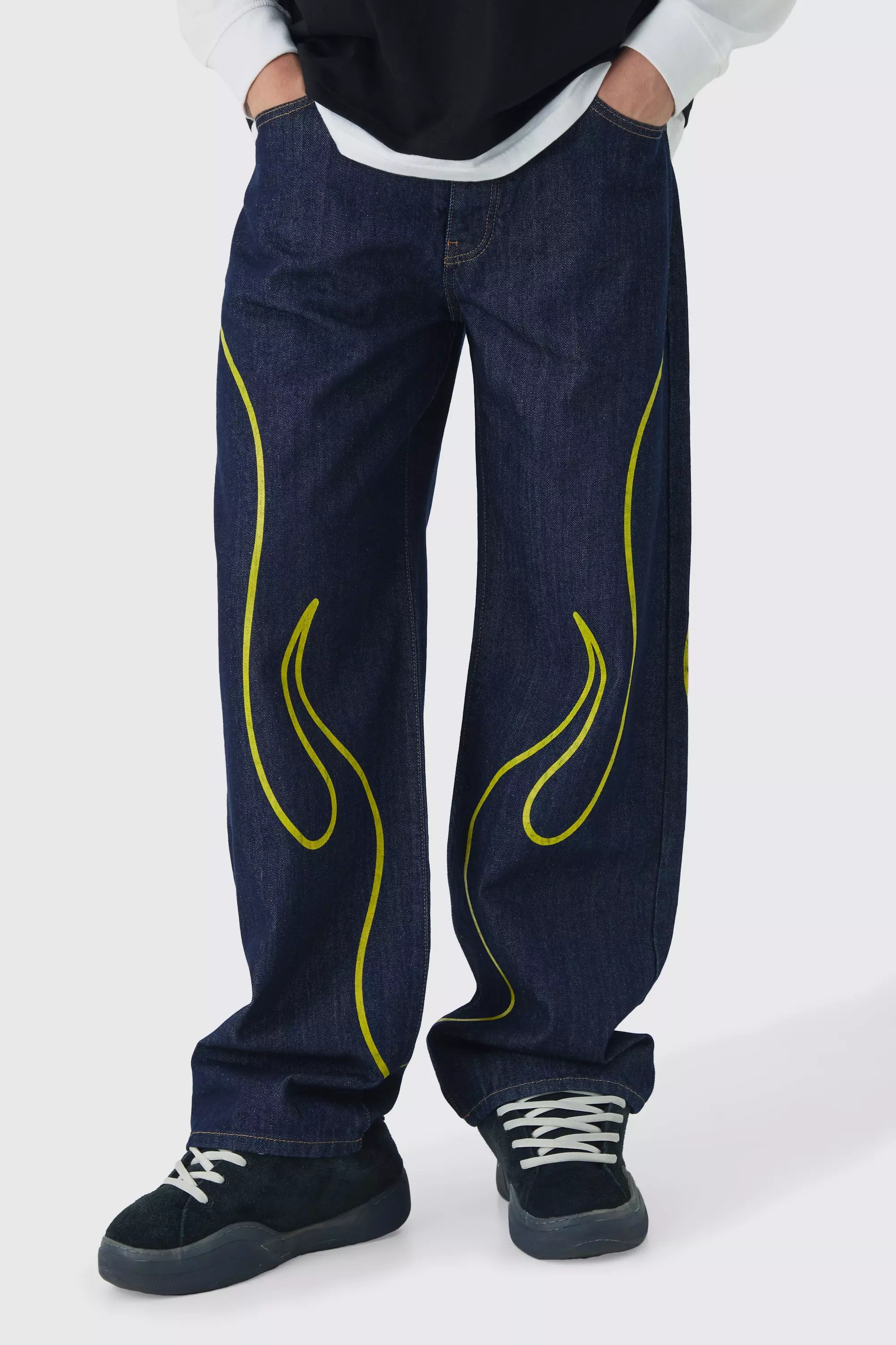 Relaxed Rigid Moto Applique Flame Indigo Jeans alternative image