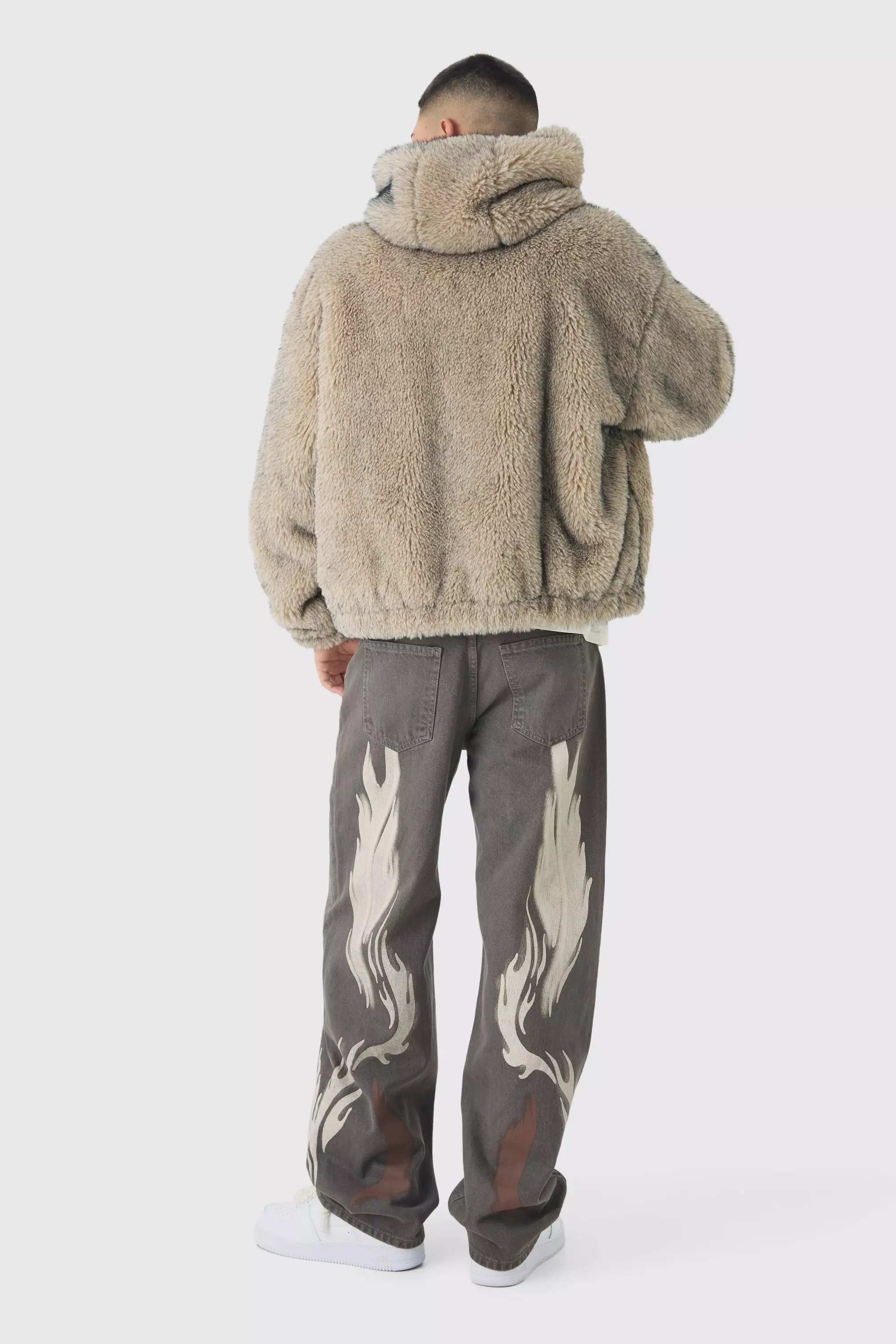 Relaxed Rigid Brown Tint Moto Printed Jeans | boohooMAN USA