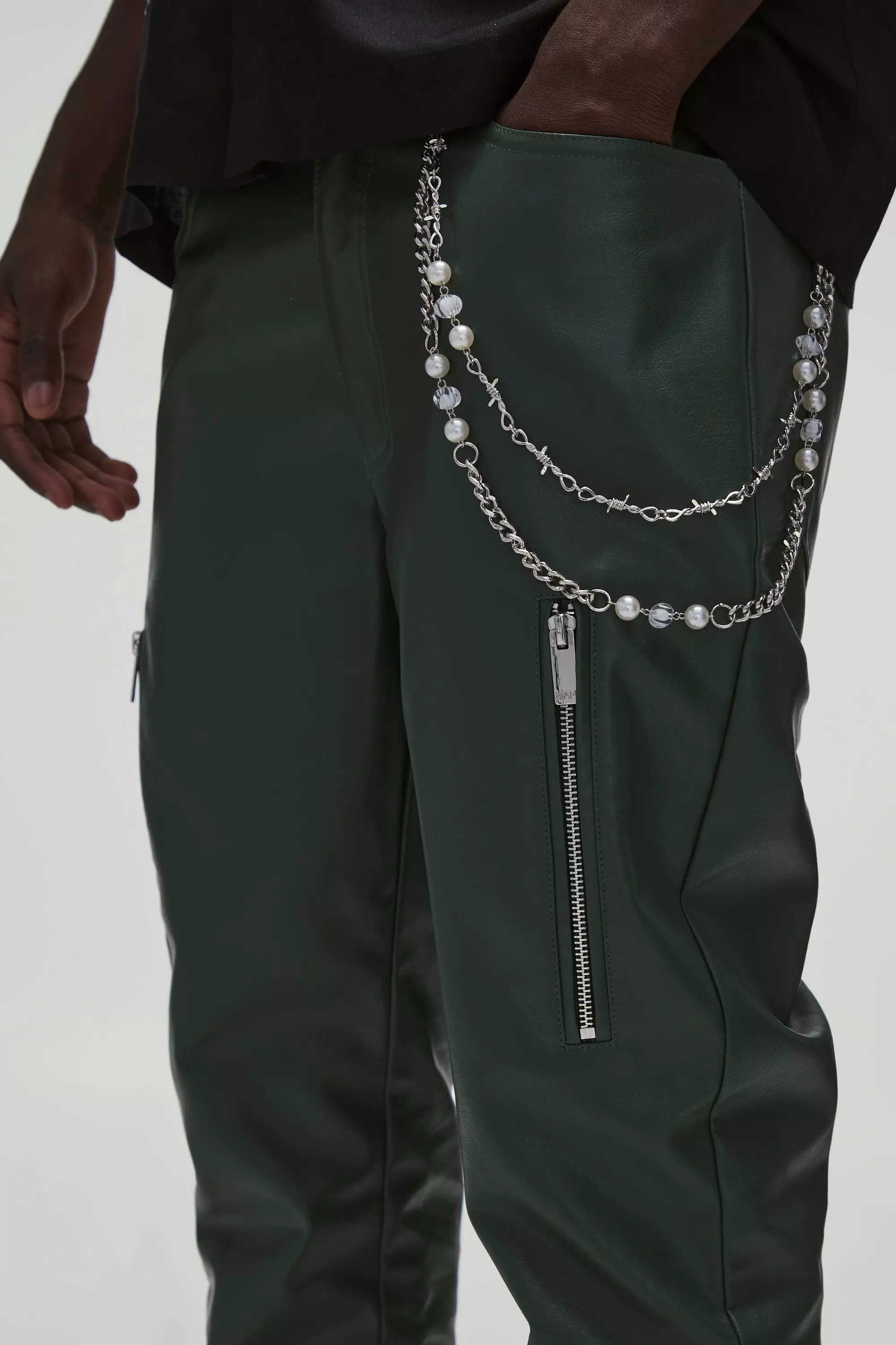 Green PU Fixed Waist Slim Flare Zip Trousers alternative image