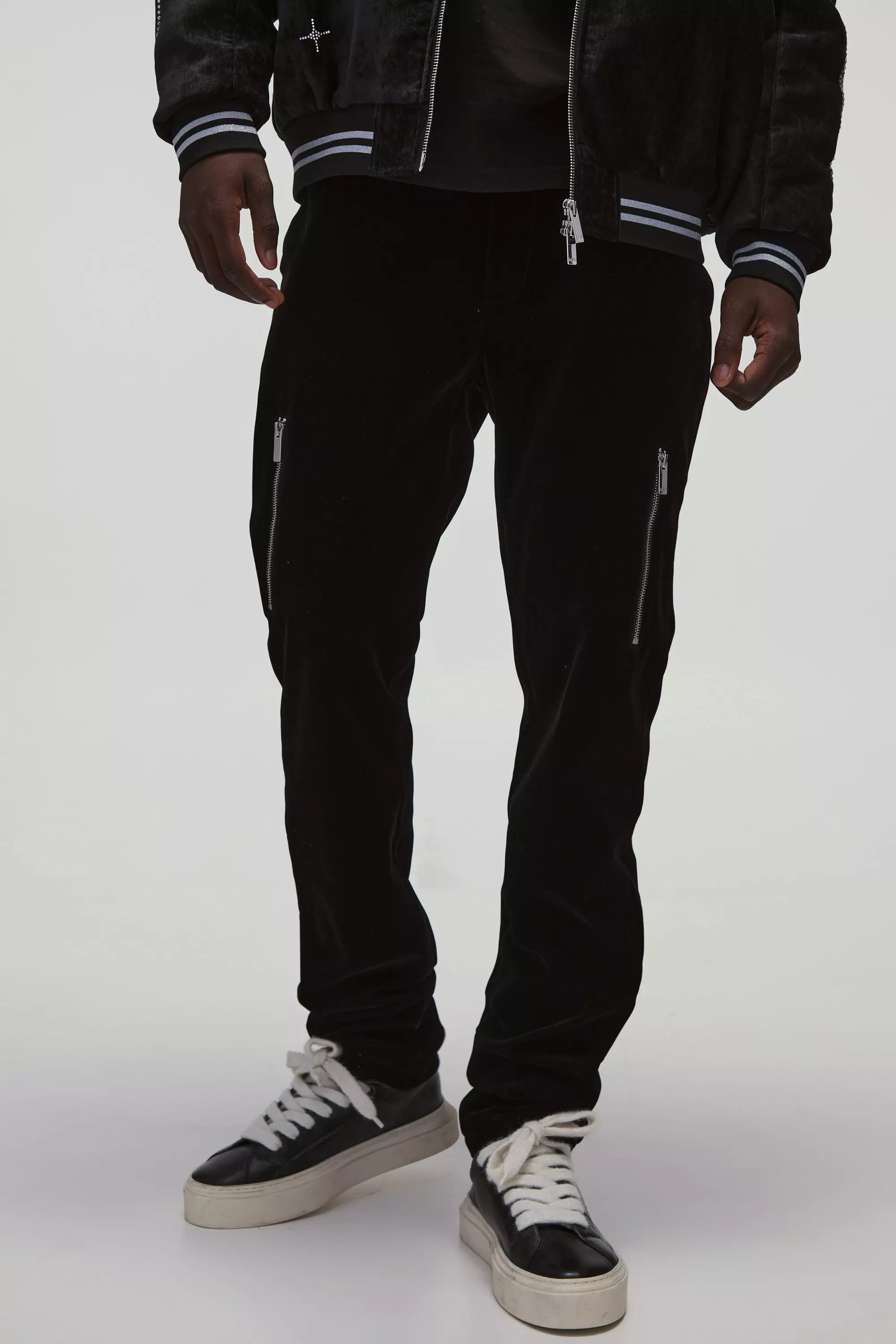 Black Velour Fixed Waist Rigid Slim Stacked Trouser alternative image