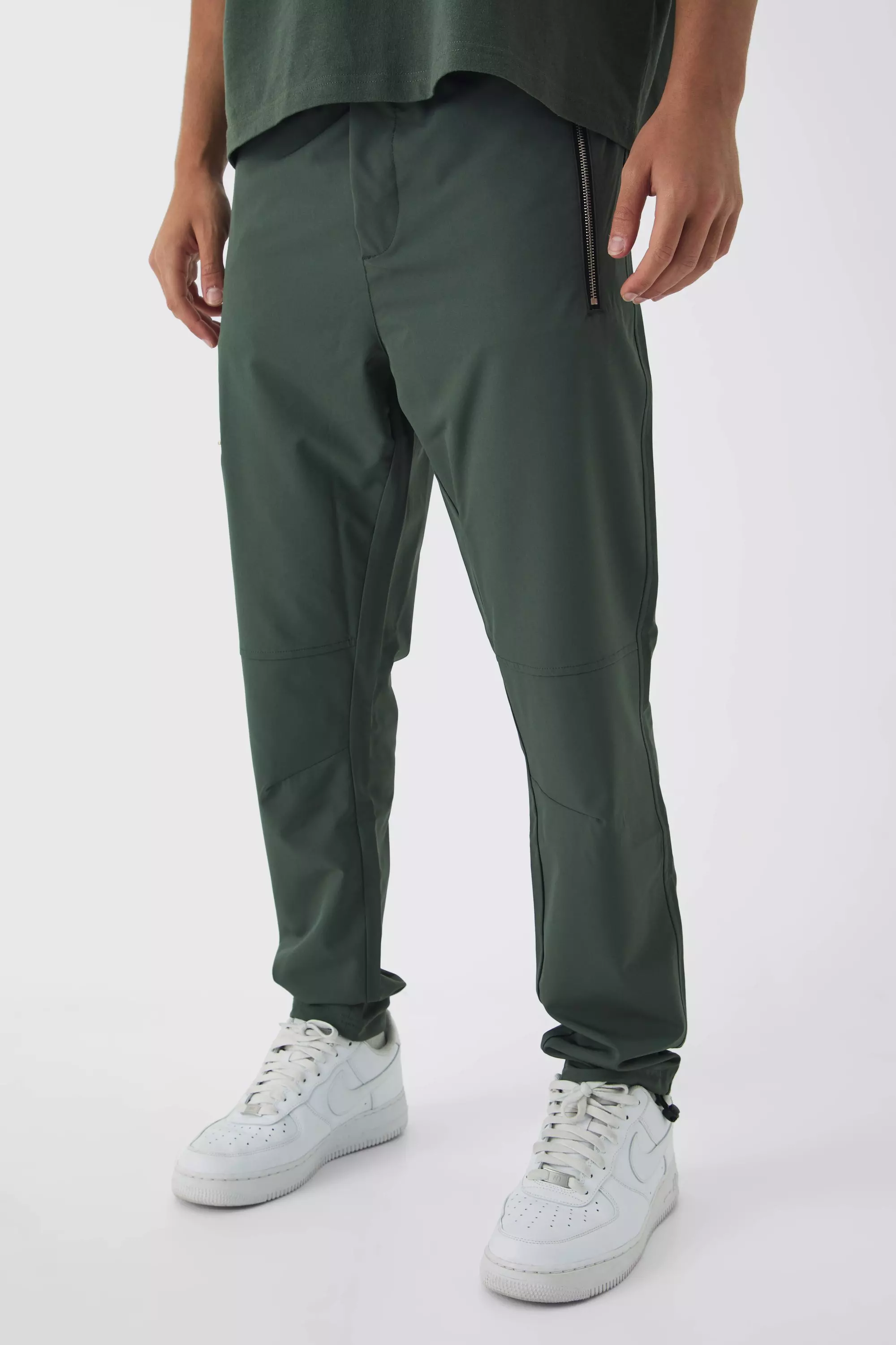 Elasticated Waist Skinny Utility Zip Pocket Pants Khaki