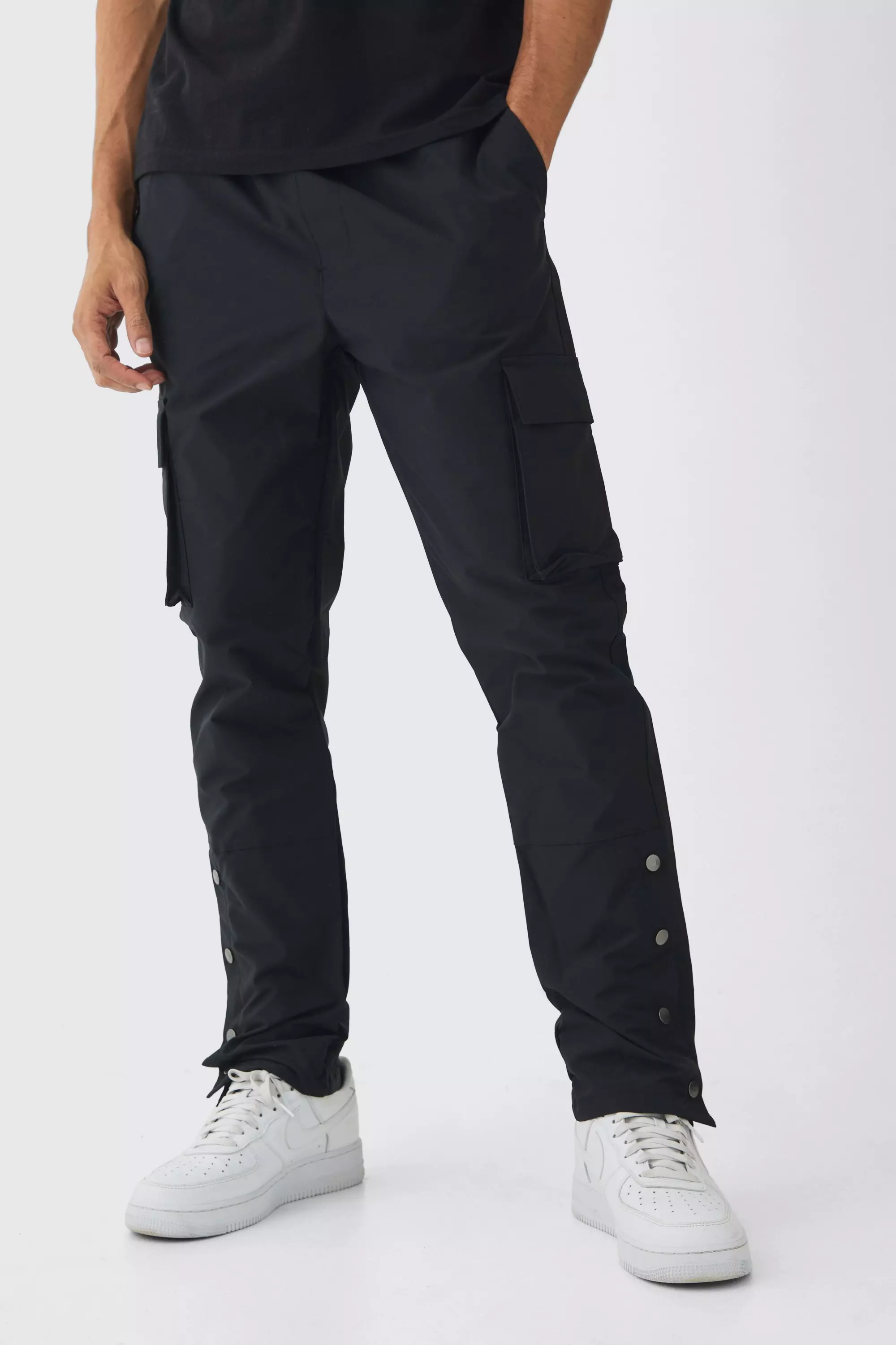 Elasticated Straight Utility Cargo Popper Hem Pants Black