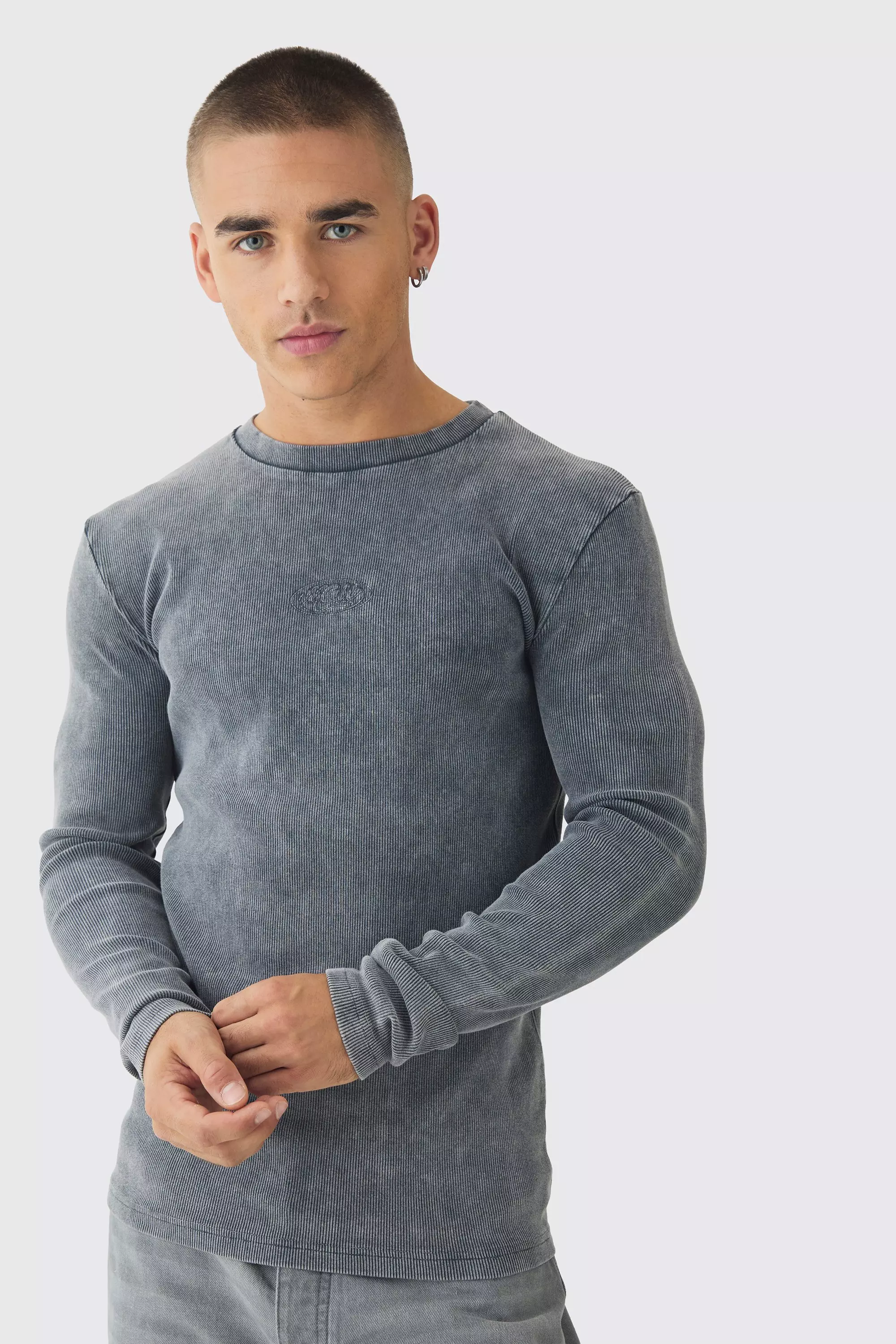 Muscle Fit Washed Rib Long Sleeve Man Embroidered T-shirt Charcoal