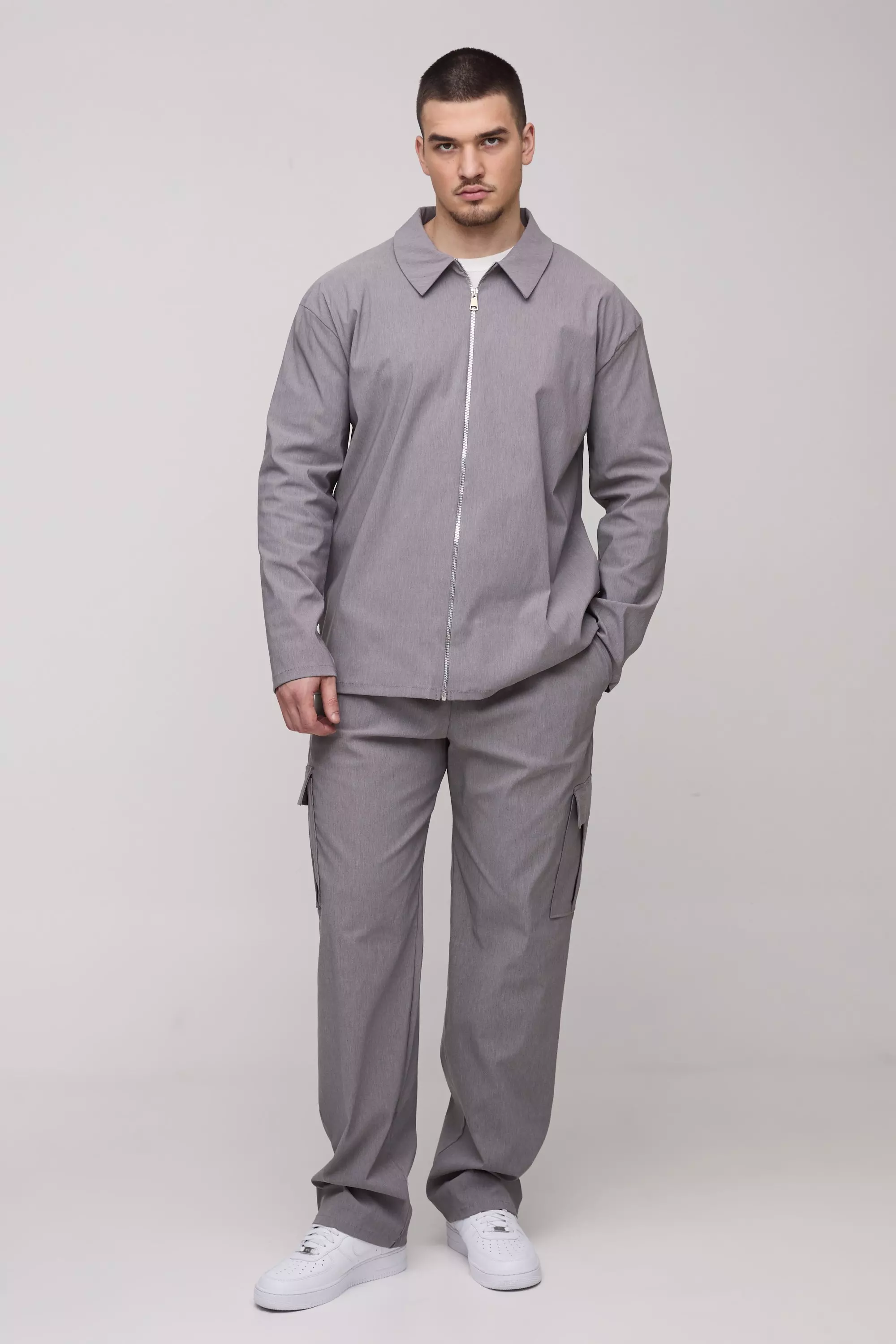 Tall Begaline Zip Through Shirt and Pants Set in Grey Marl Grey marl