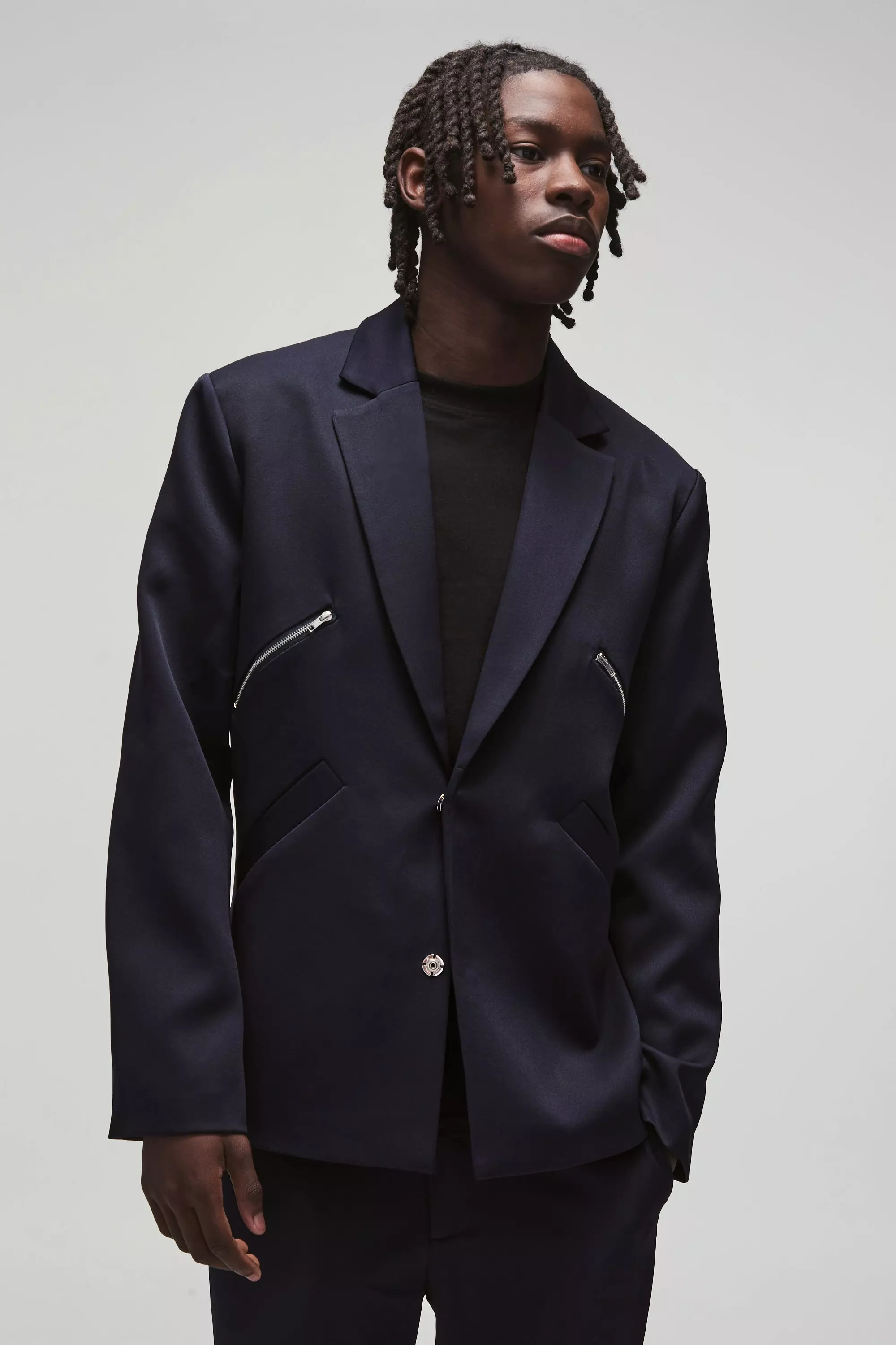 Navy Slim Fit Blazer Met Rits Detail alternatieve afbeelding