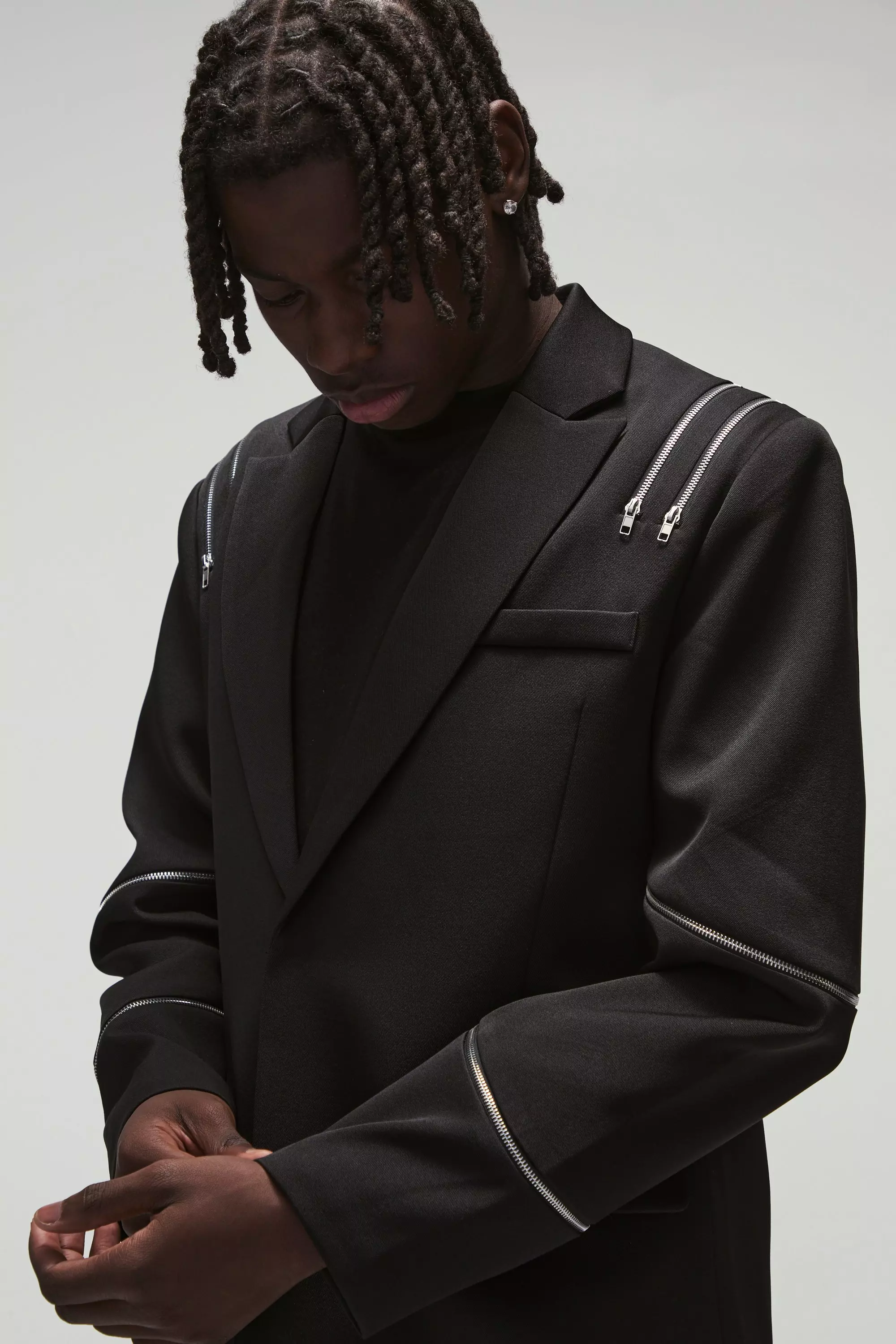 Black Slim Fit Multi Zip Detail Blazer alternative image