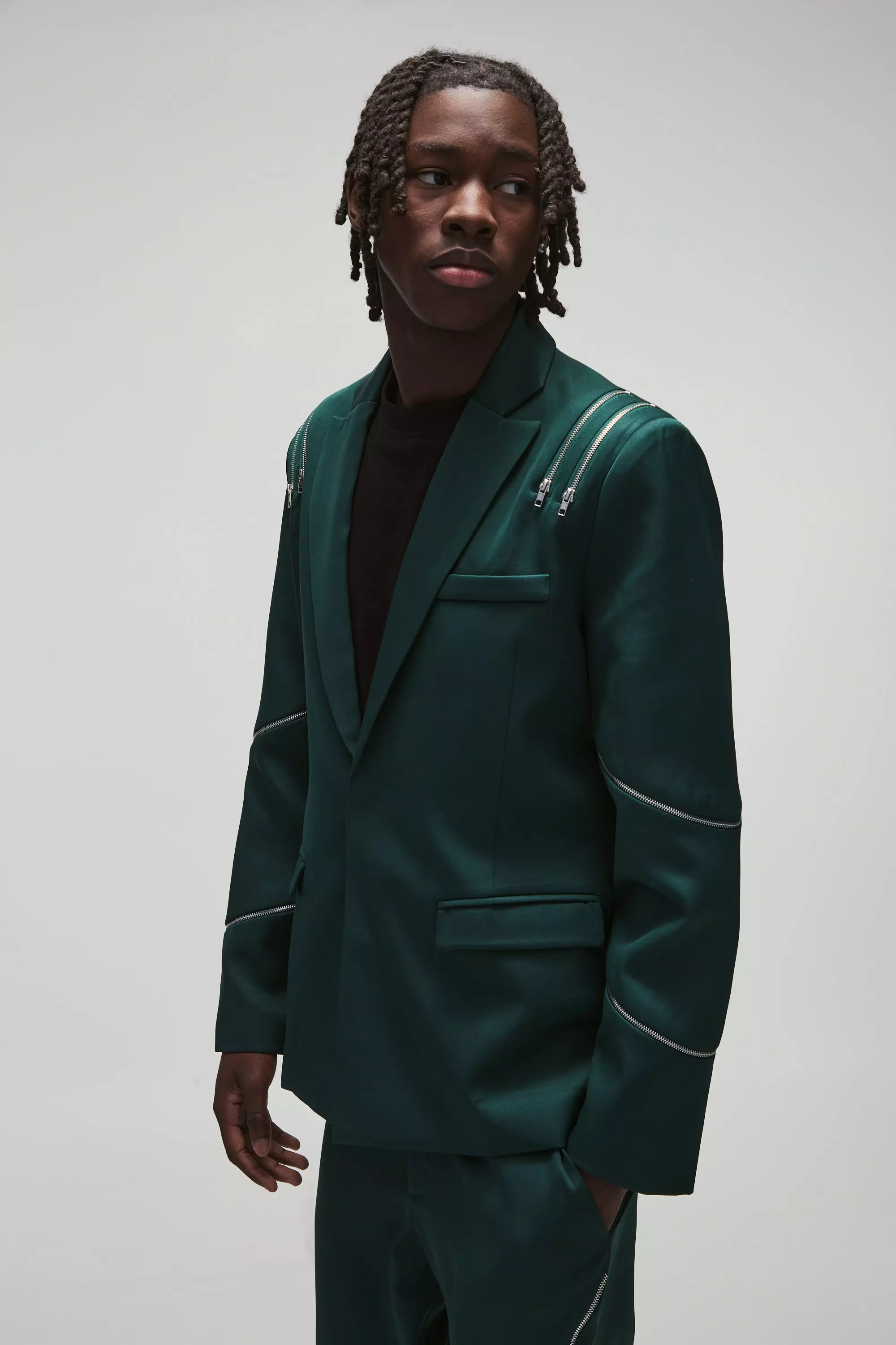 Green Slim Fit Blazer Met Rits Detail alternatieve afbeelding