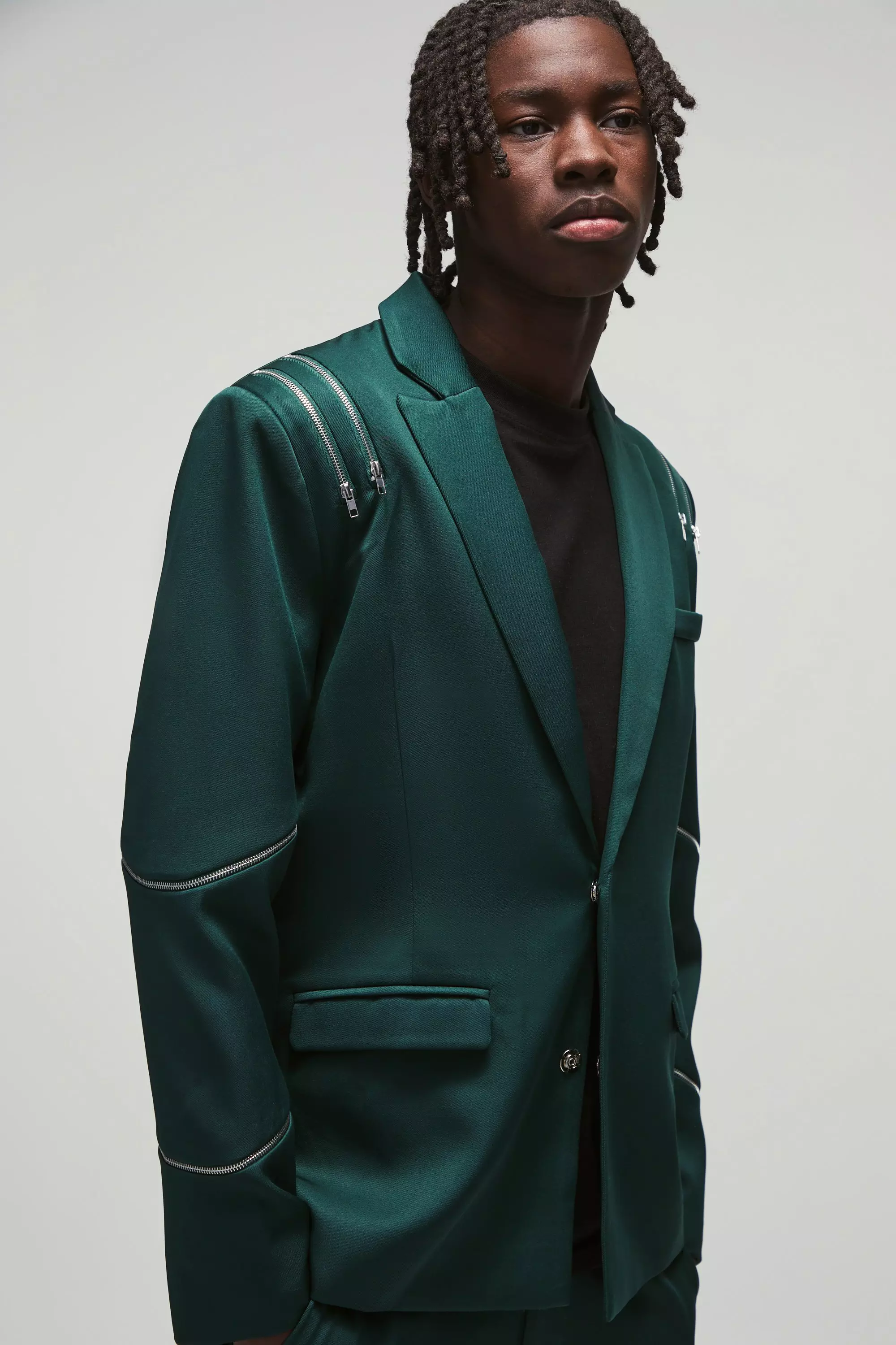 Green Slim Fit Blazer Met Rits Detail alternatieve afbeelding