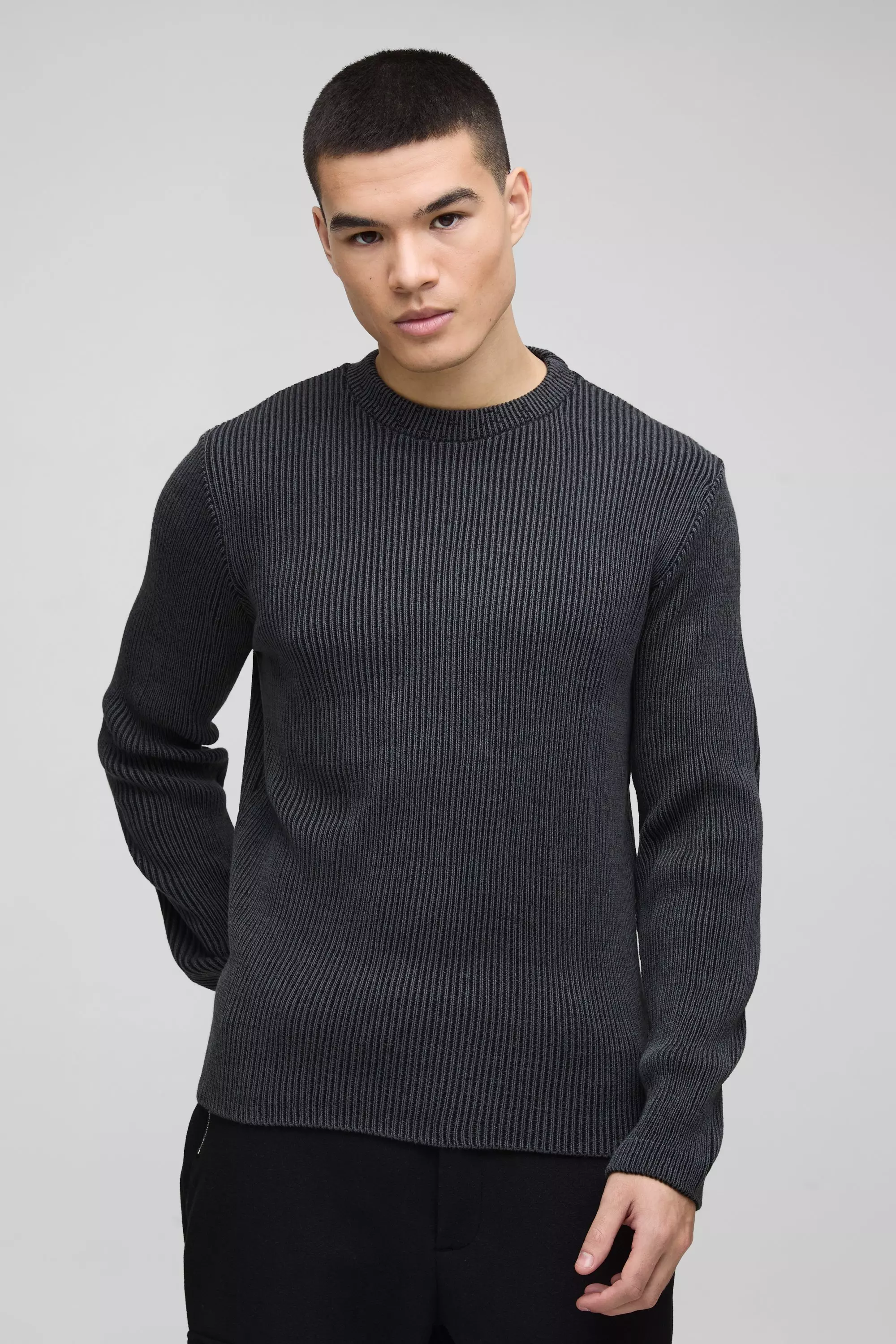 Black Regular Crew Neck Plated Ribbed Knit Jumper alternative image