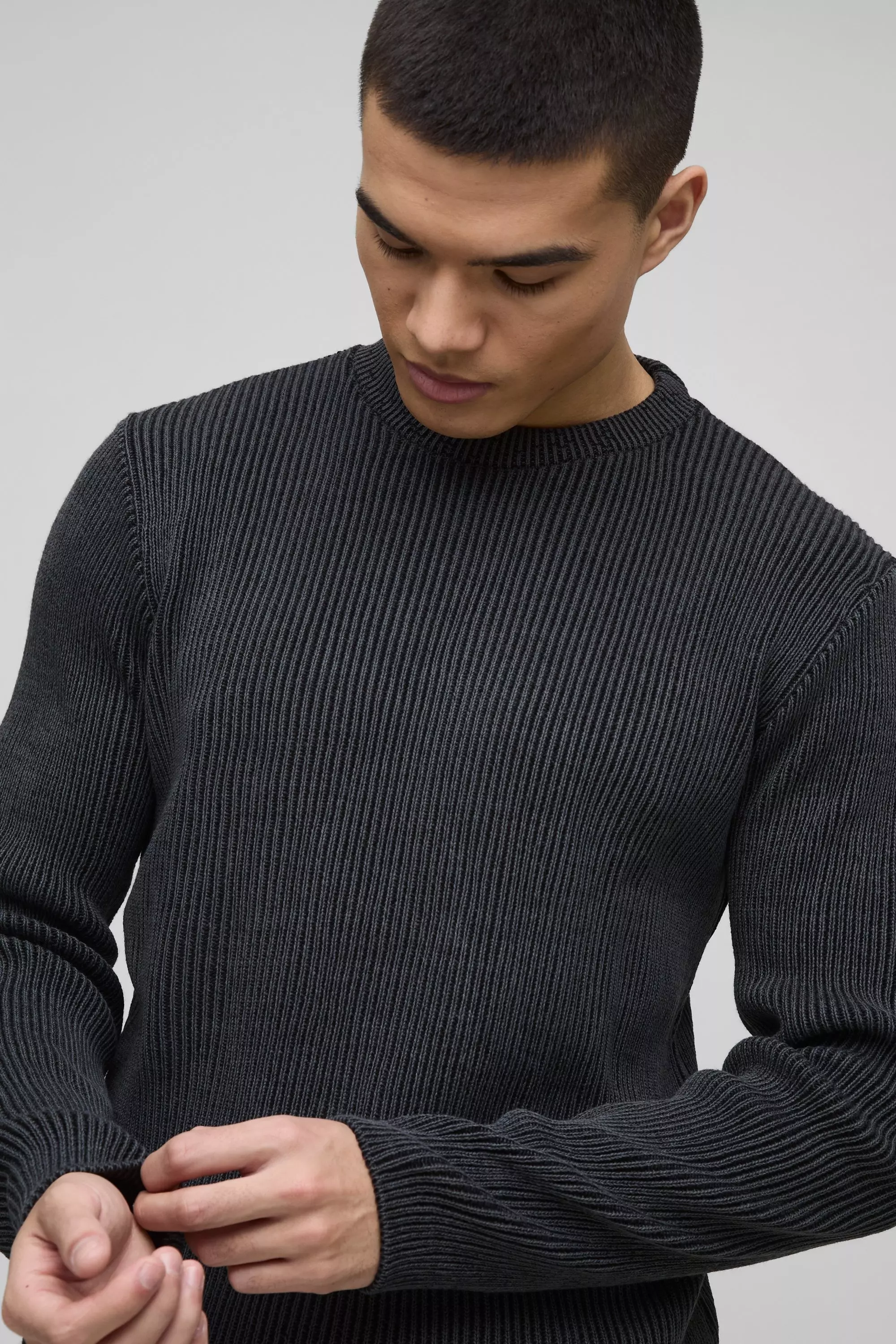Black Regular Crew Neck Plated Ribbed Knit Jumper alternative image