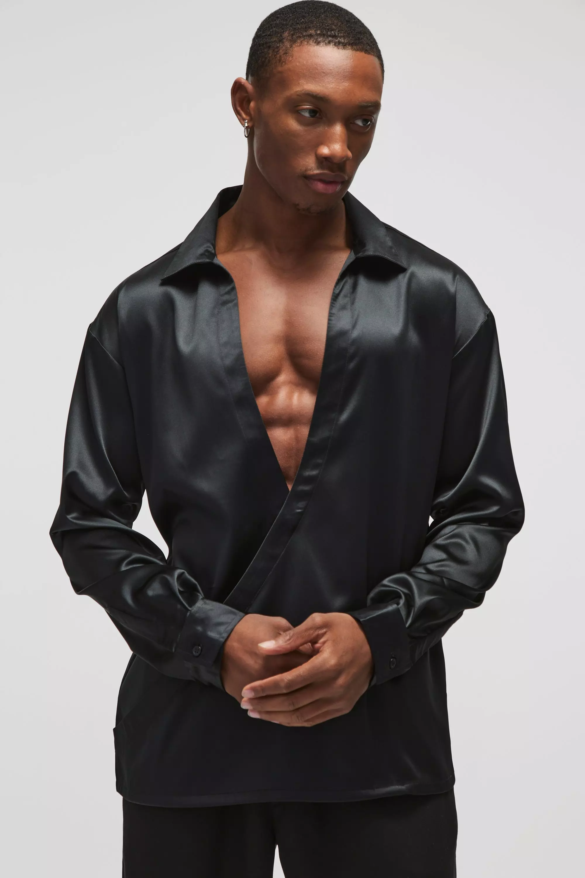 Oversized Deep V Satin Shirt Black