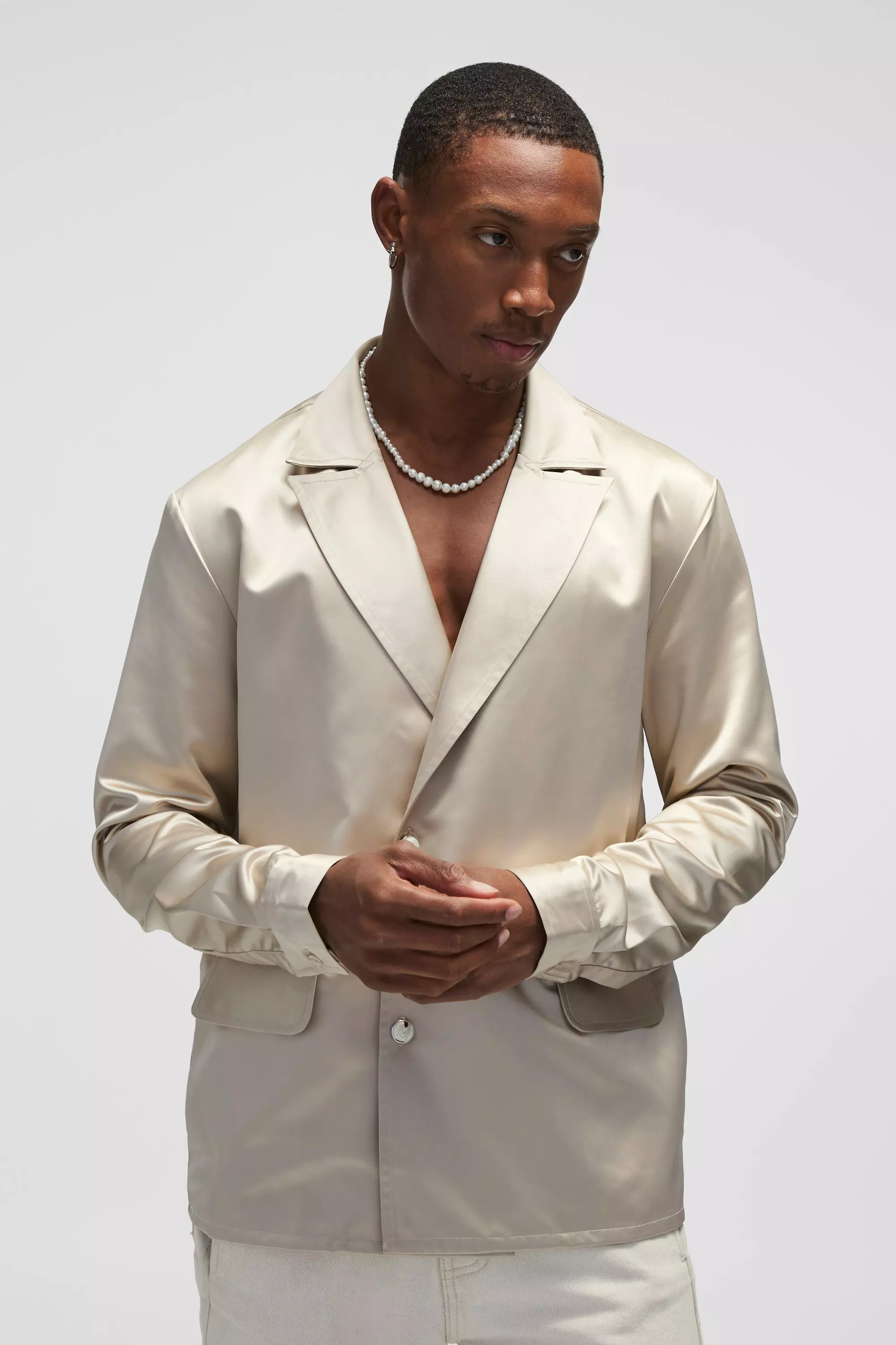 Taupe Regular Fit Pearl Button Satin Shirt alternative image