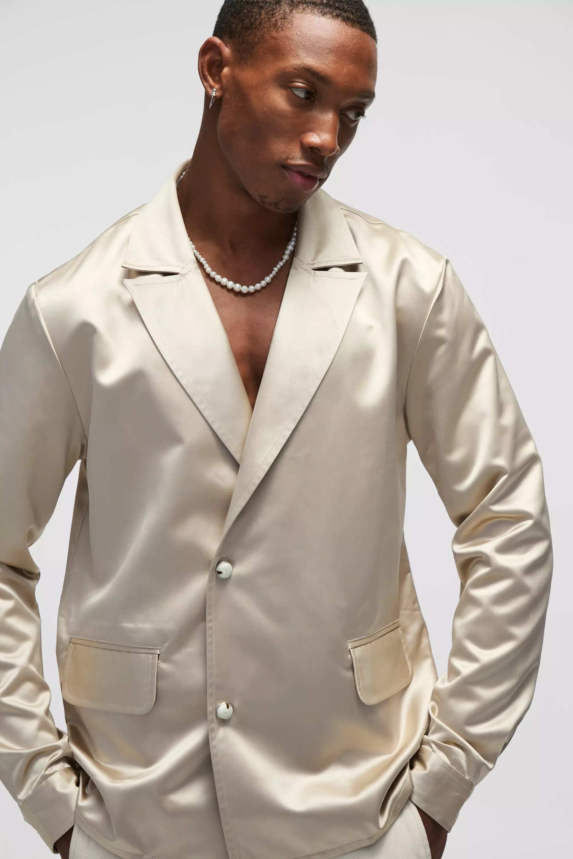 Taupe Regular Fit Pearl Button Satin Shirt alternative image