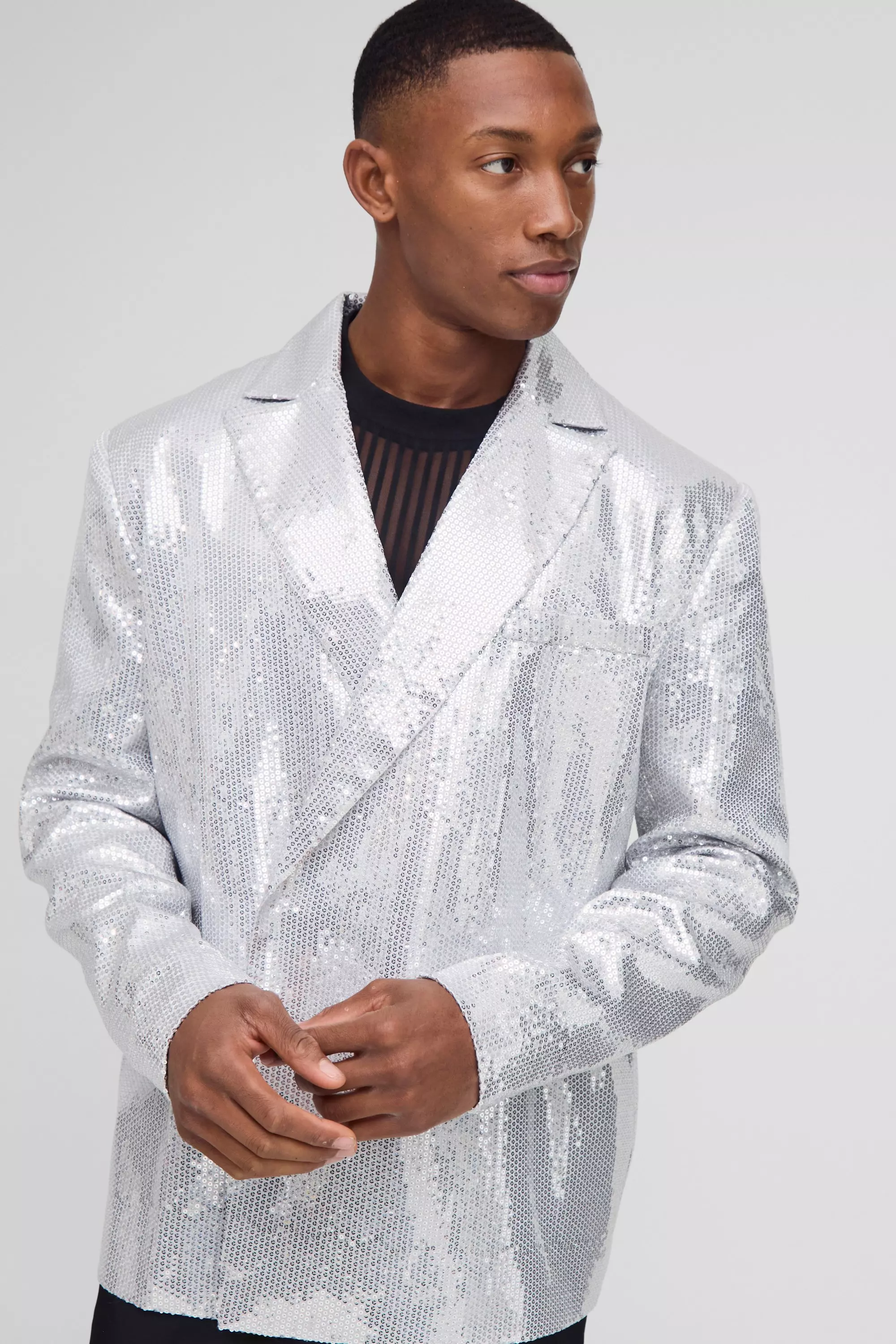 BoohooMAN Men s Oversized Boxy Sequin Blazer Gray Casual Jackets