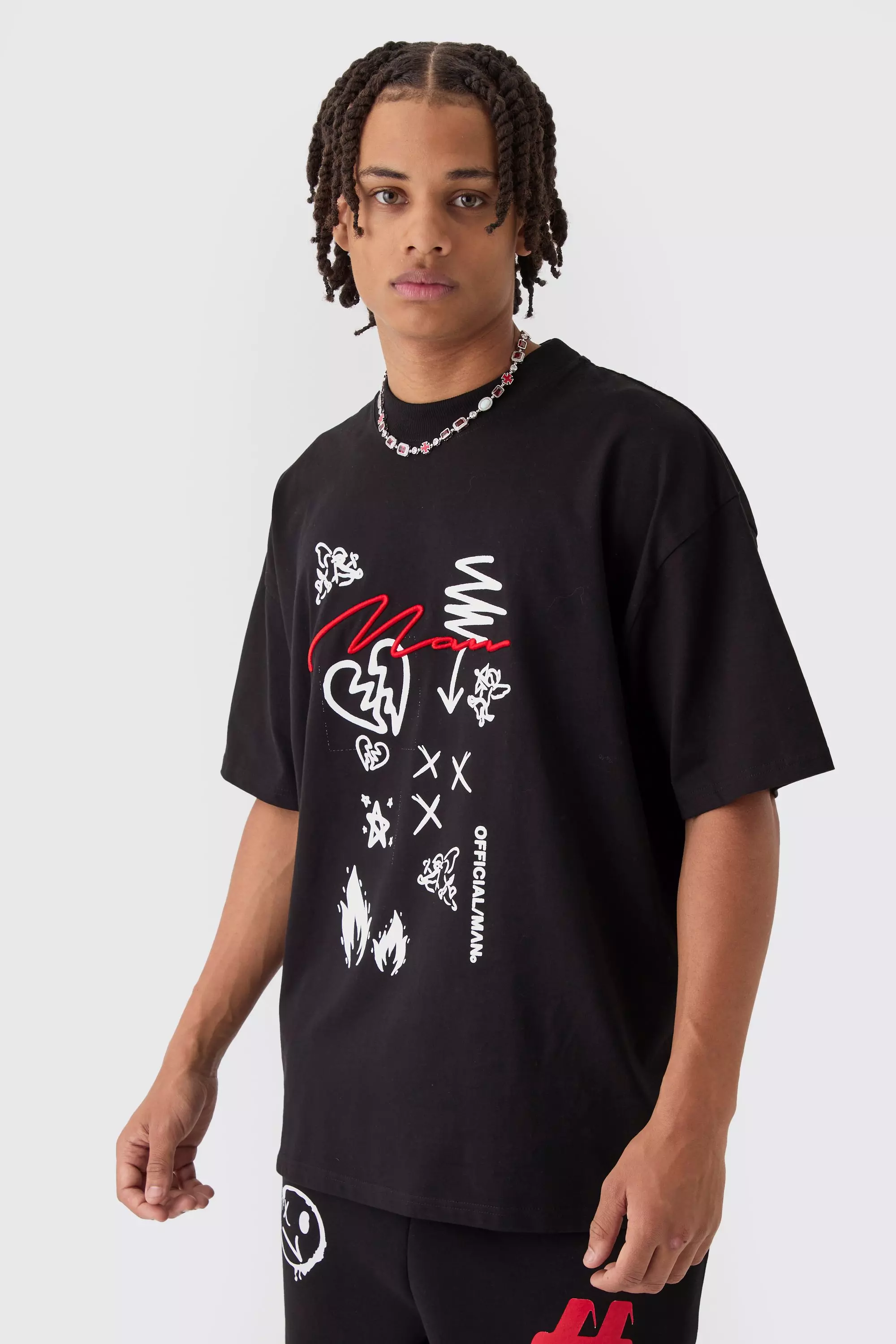 Black Oversized Extended Neck Heavyweight Man Embroidered T-shirt