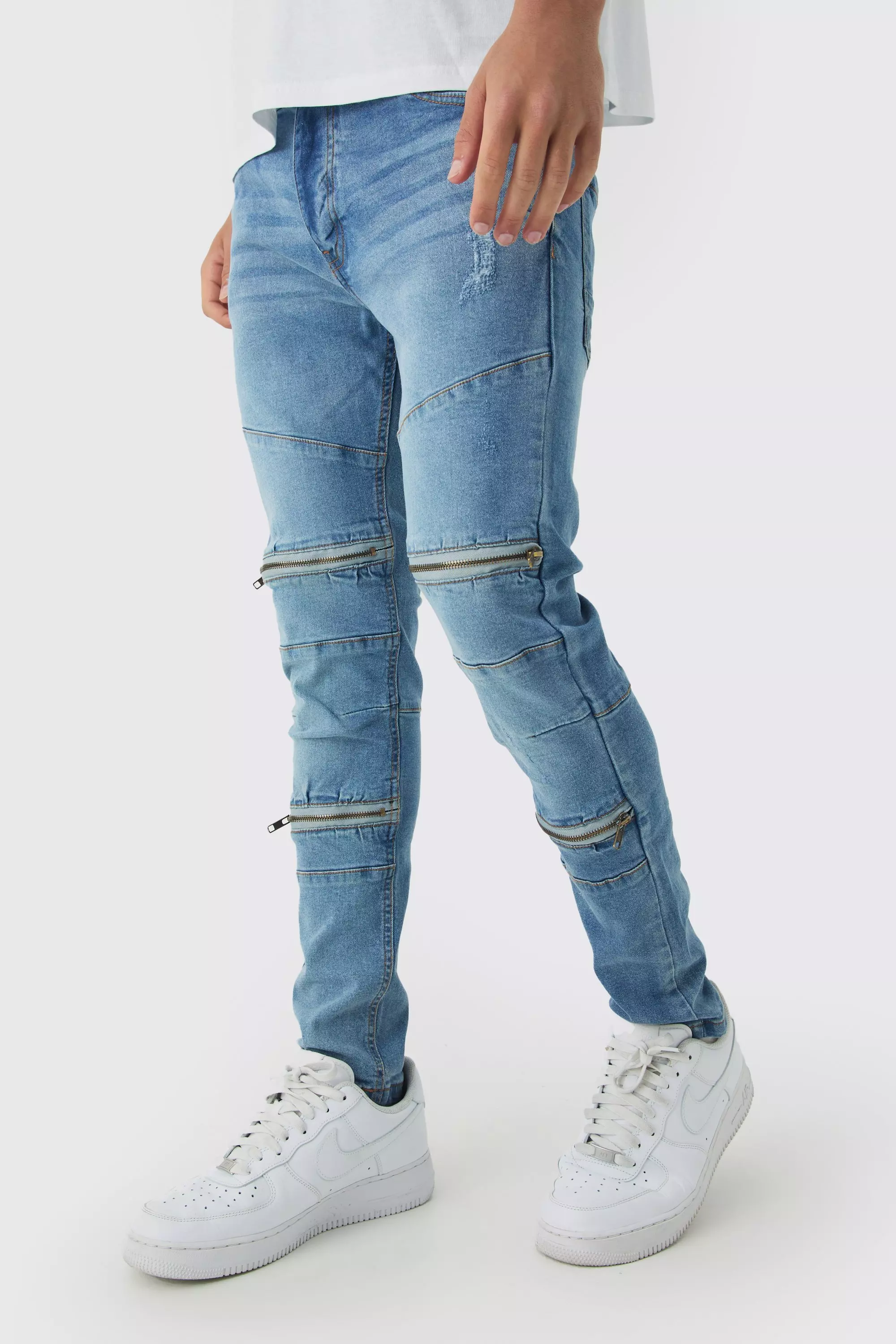 Super Skinny Biker Zip Detail Jeans Blue