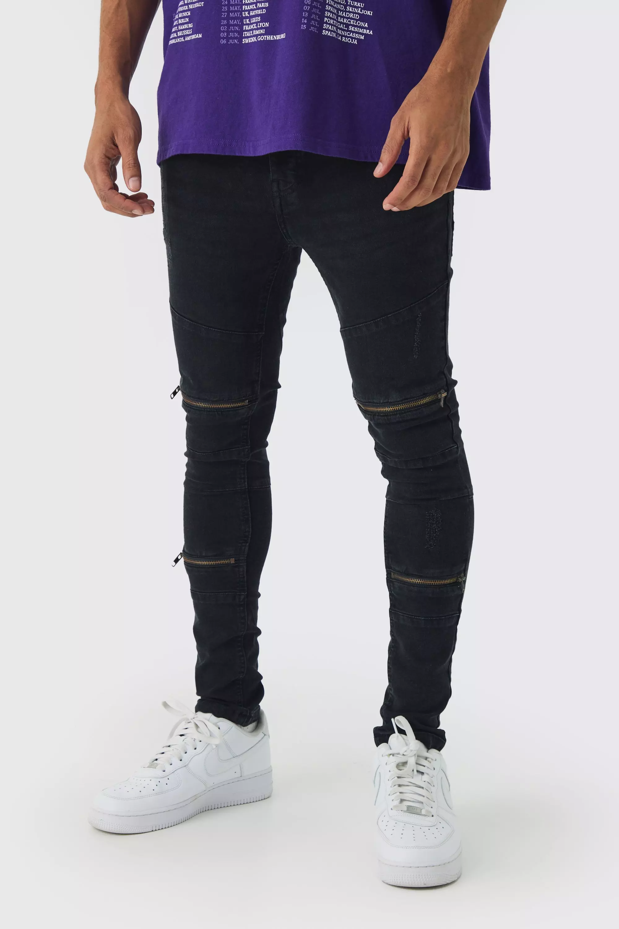 Super Skinny Biker Zip Detail Jeans Washed black