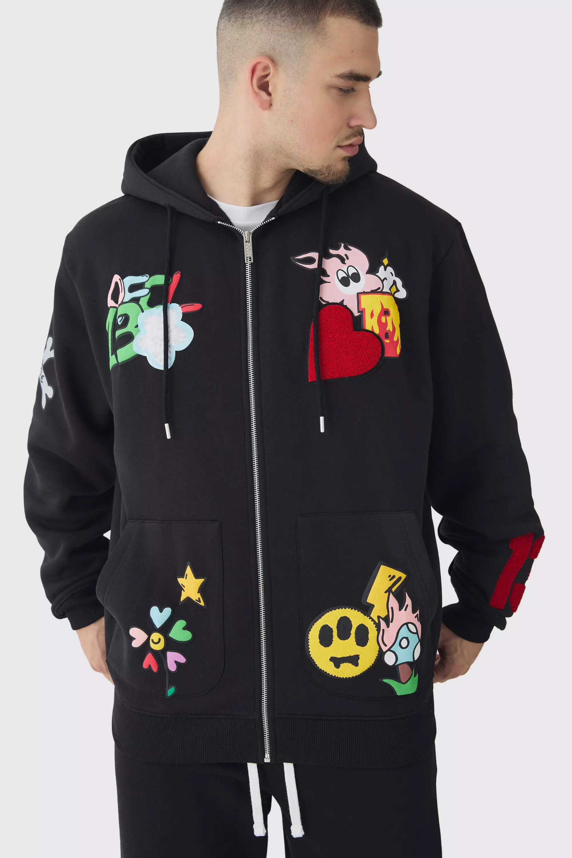 Tall Oversized Zip Through Embroidered Spray Hoodie Black