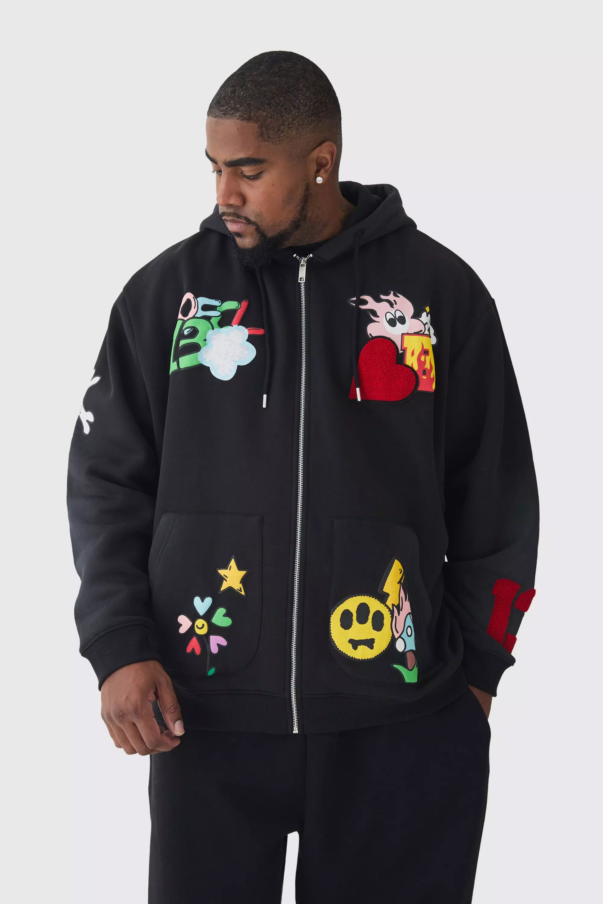 Plus Oversized Zip Through Embroidered Spray Hoodie Black