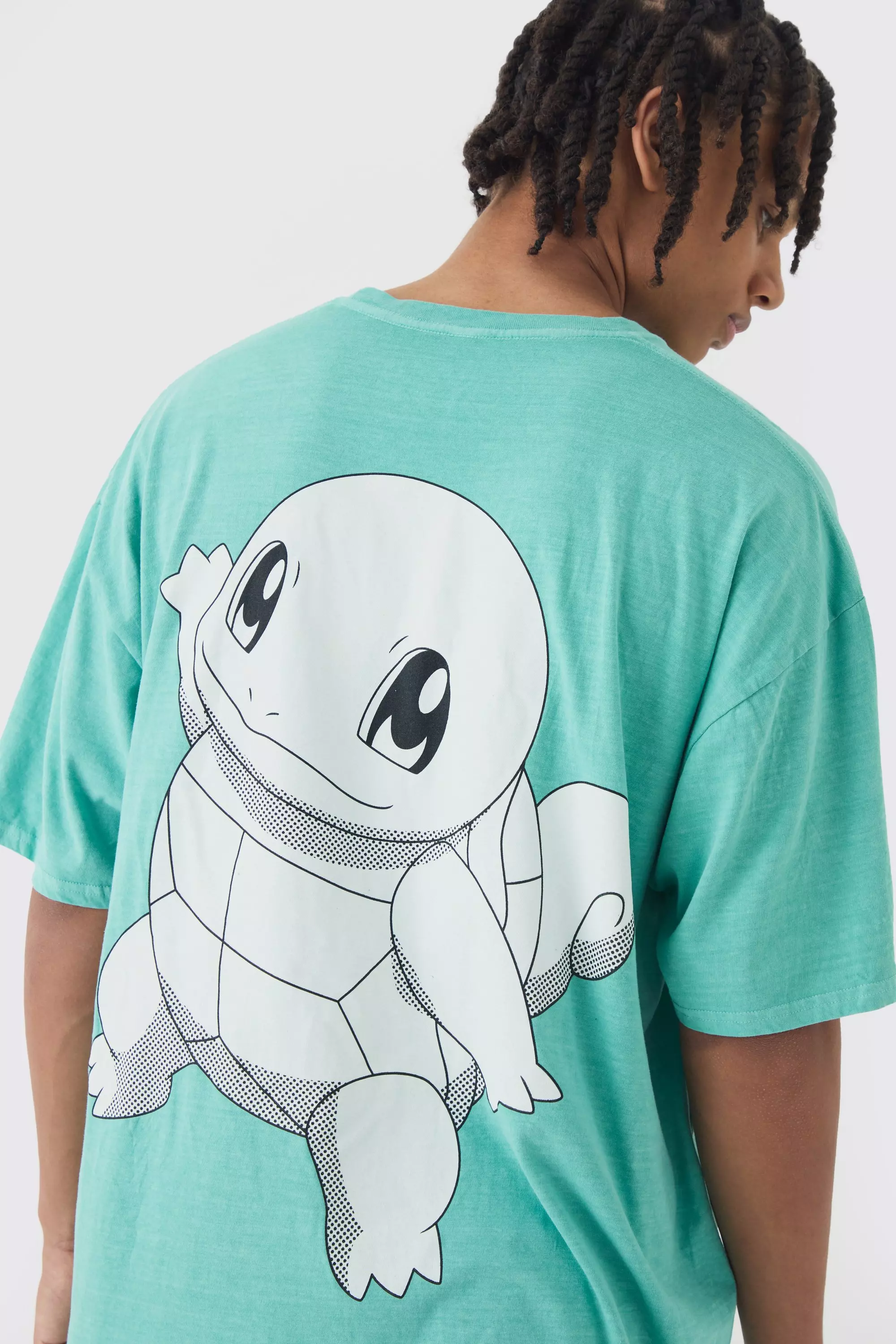 Aqua Blue Oversized Wash Pokemon Extended Neck Squirtle License T-shirt