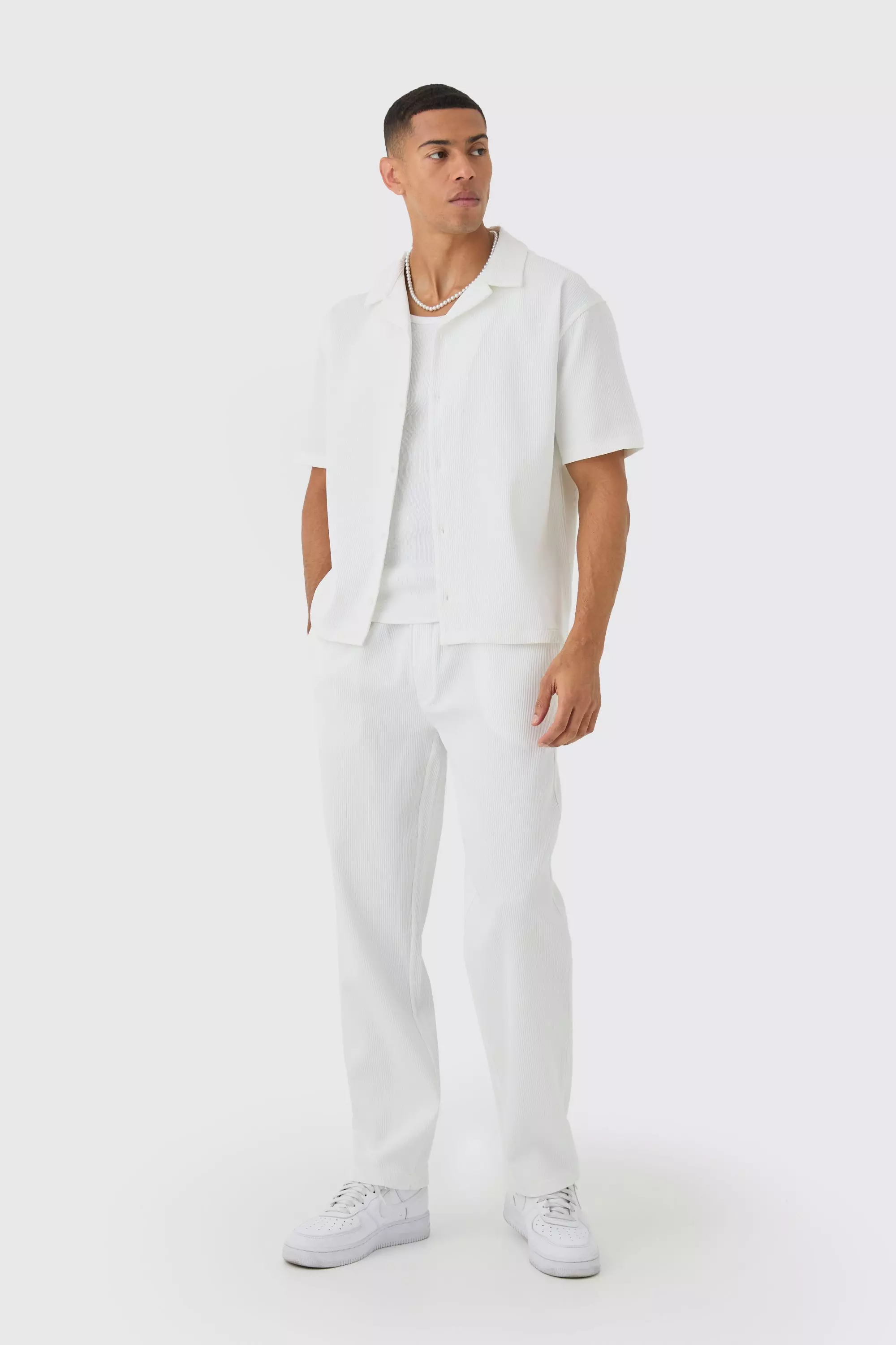 White Oversized Short Sleeve Pleated Shirt & Straight Pants